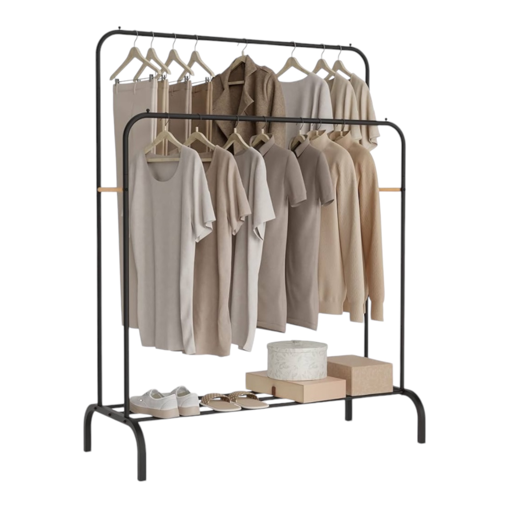 Perchero estanteria para Ropa Resistente con Ruedas, Perchero Portátil De Metal con Doble Riel Y Estante De Almacenamiento De 2 Capas, Percha Independiente para Dormitorio, Sostiene 40 Kg (ROPA-001 1790 H6 D1）