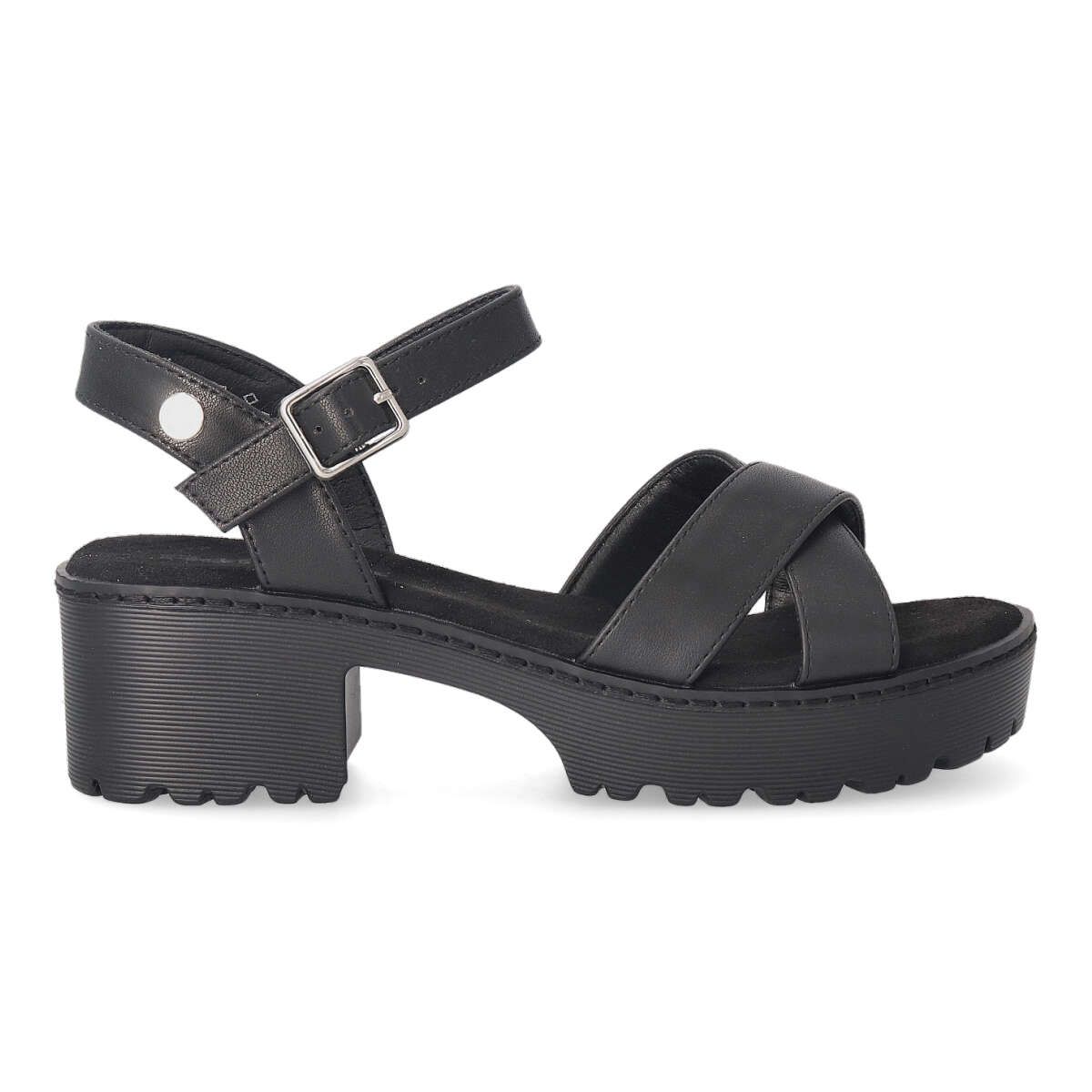 Refresh - Sandalias de tiras cruzadas para mujer con hebilla, piel sintética y suela antideslizante, planta acolchada y tacón 5 cm, color negro