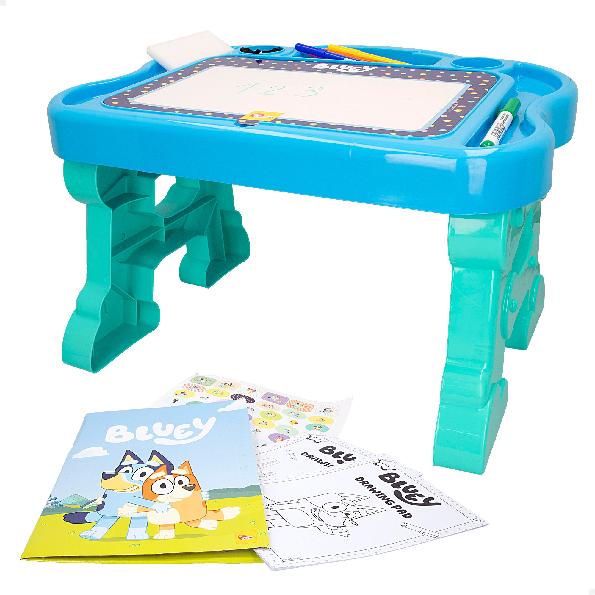 Mesa infantil Bluey con pizarra escribir y borrar, dibujos y rotuladores para colorear 3 años