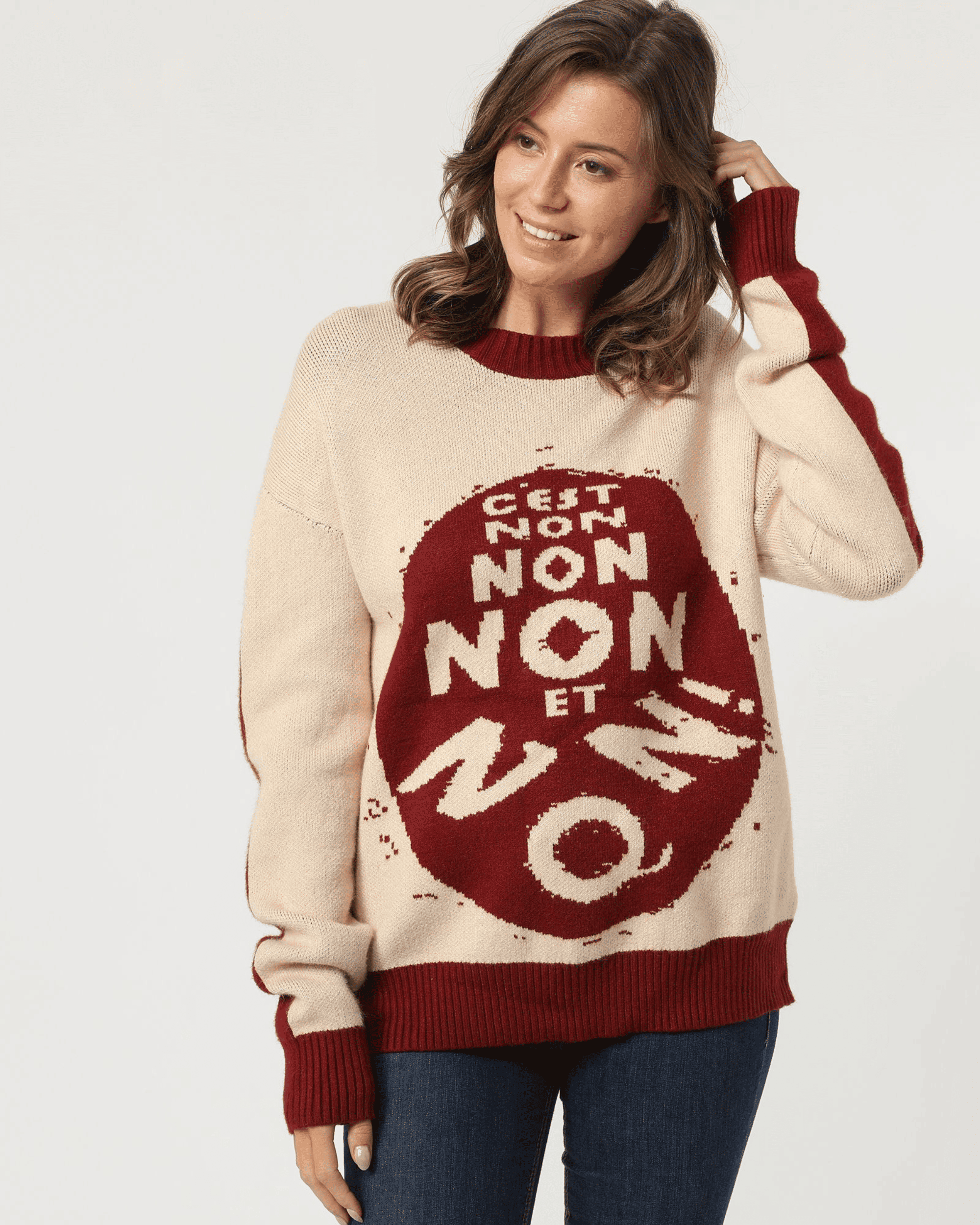 Jersey suéter punto mujer estampado letras lana mixta cuello redondo manga larga diseño moderno colores rojo crudo talla L ideal otoño invierno cómodo versátil casual ✅Entrega 24/48h
