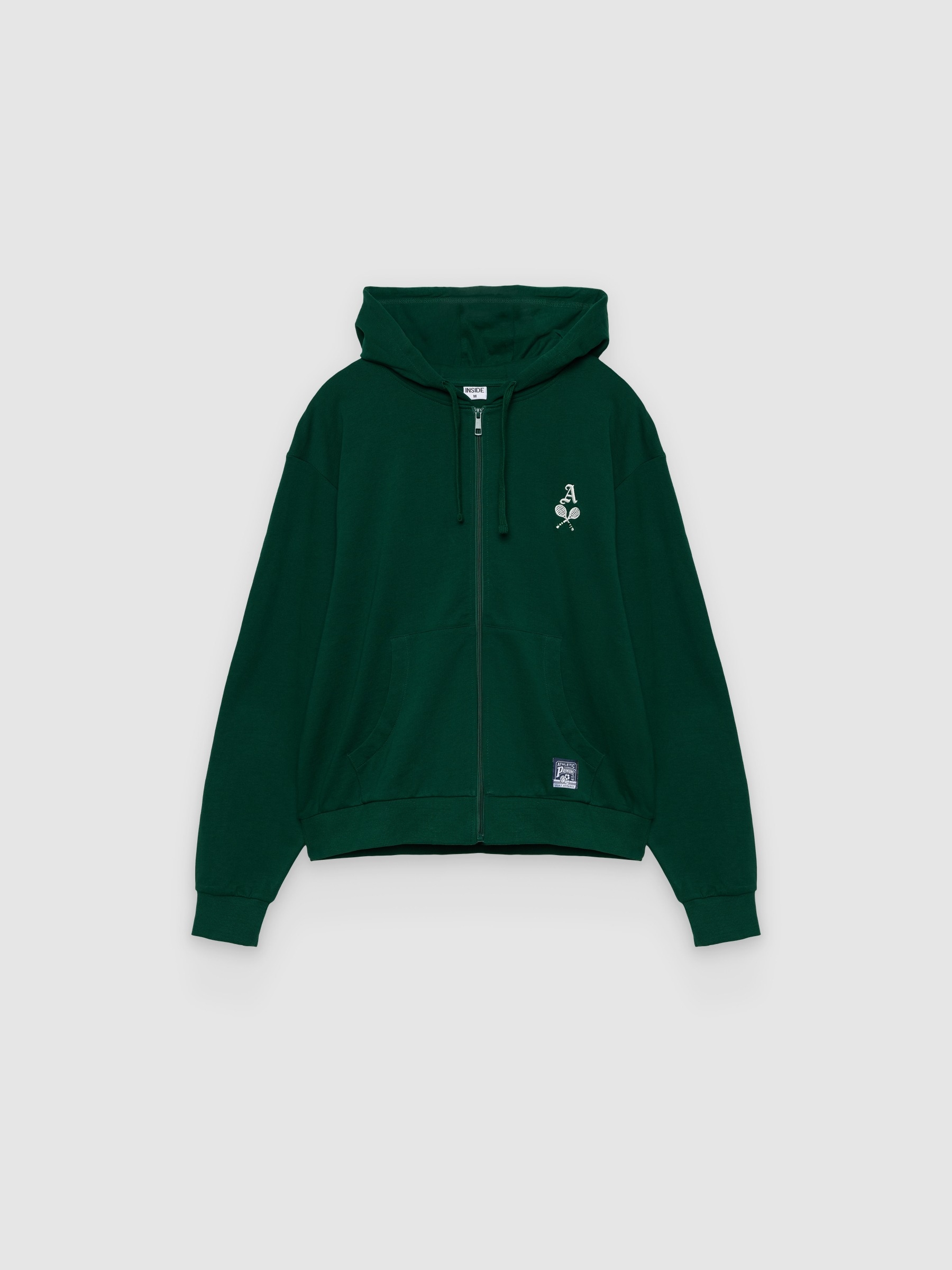 Sudadera verde oscuro con capucha, cremallera, felpa suave, texto en pecho y bolsillos, puños elásticos INSIDE
