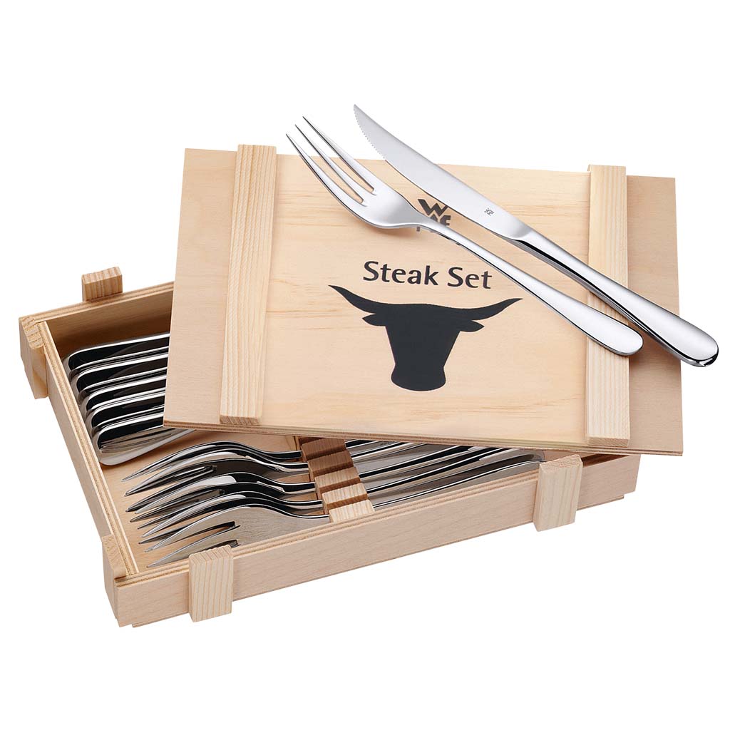 Set de 12 cubiertos para carne WMF de acero inoxidable 18/10 Cromargan®, 6 Cuchillos de Filo Serrado y 6 Tenedores - Caja presentación de Madera