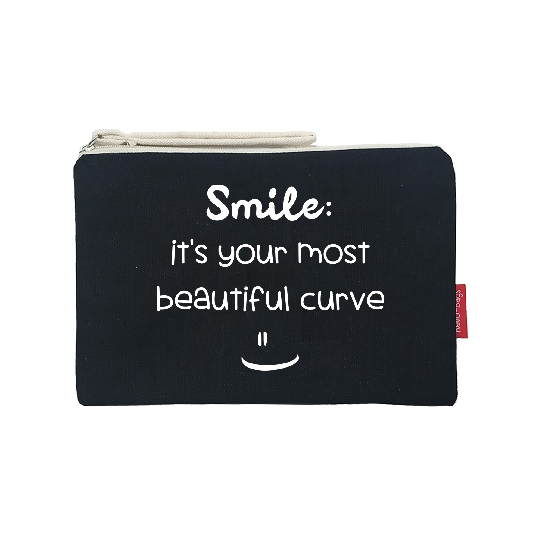 Hello-Bags. Bolso Neceser / Cartera de Mano con cremallera y forro interior.  Exterior: Algodón 100%. Incluye sobre kraft de regalo. Modelo SMILE. Color: Crudo / Negro. 23x15,5 cm.