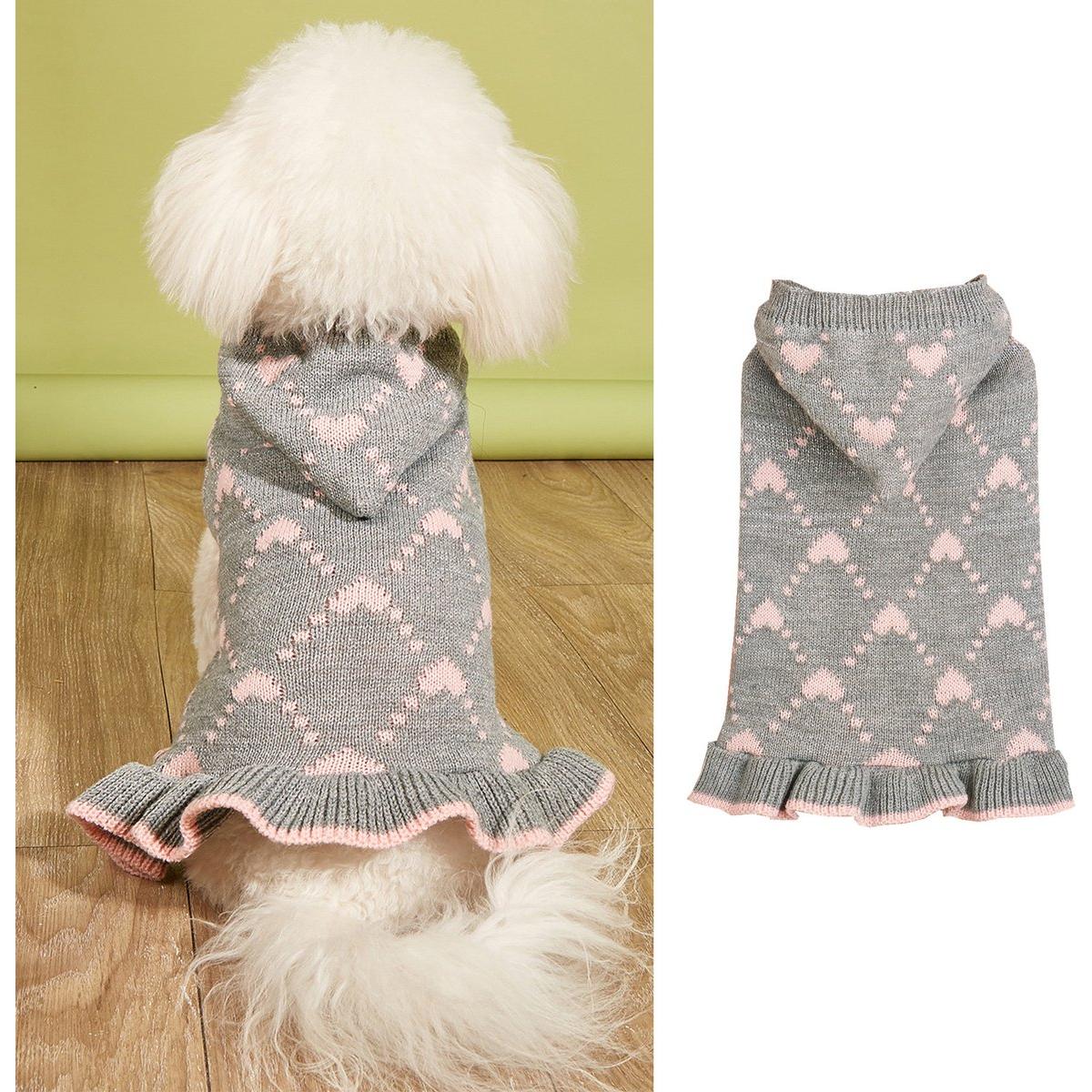 Hond Hart Trui voor kleine honden Valentijnsdag Gebreide hondenjurk Truien Rood Huisdierenkleding Warme kleding voor kleine en middelgrote honden Maat L,grijs