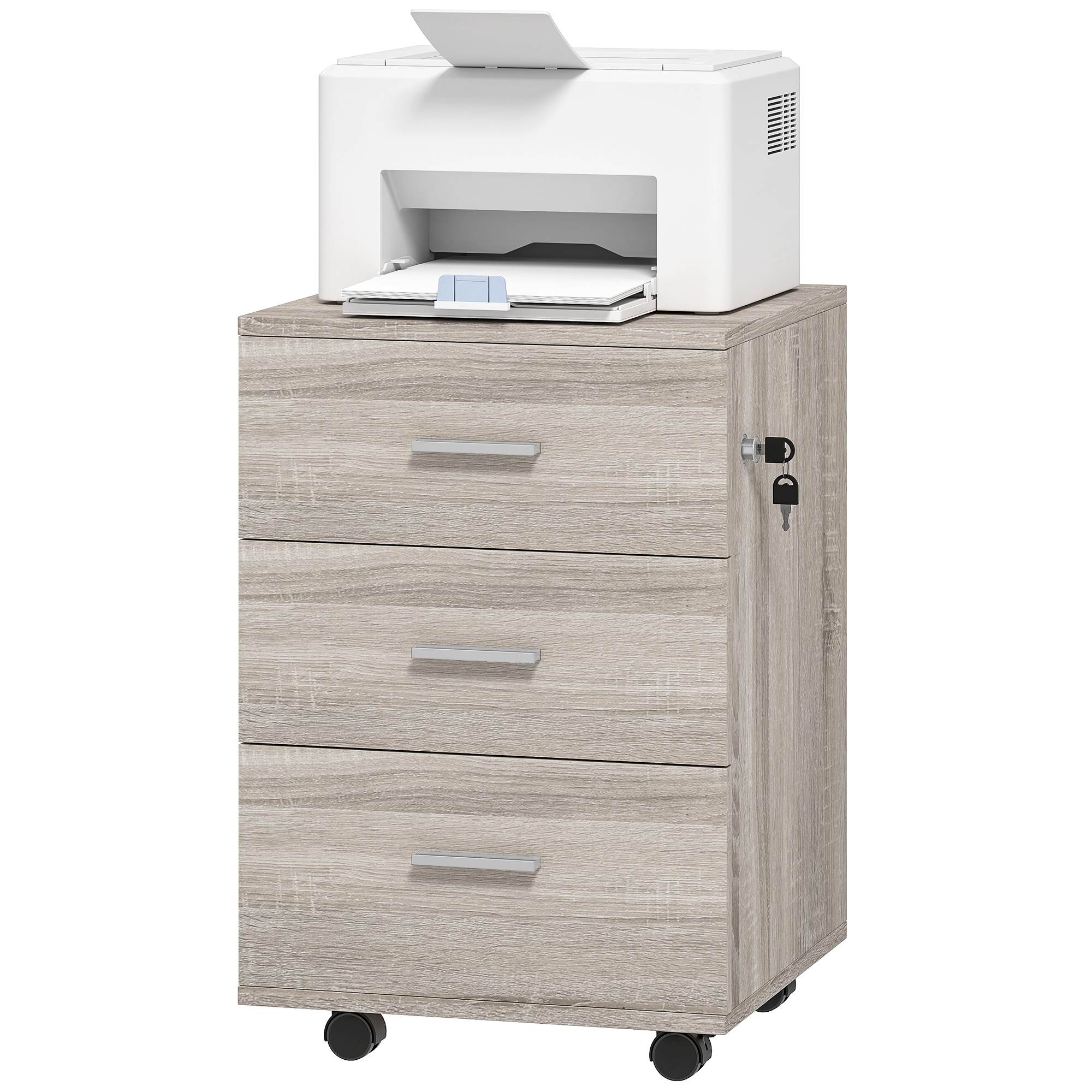 Vinsetto Cajonera de Escritorio con 3 Cajones, Cajonera de Oficina con Ruedas, Cerradura, 2 Llaves, Archivador Móvil, para Estudio, Salón, 40x40x61,5 cm, Gris