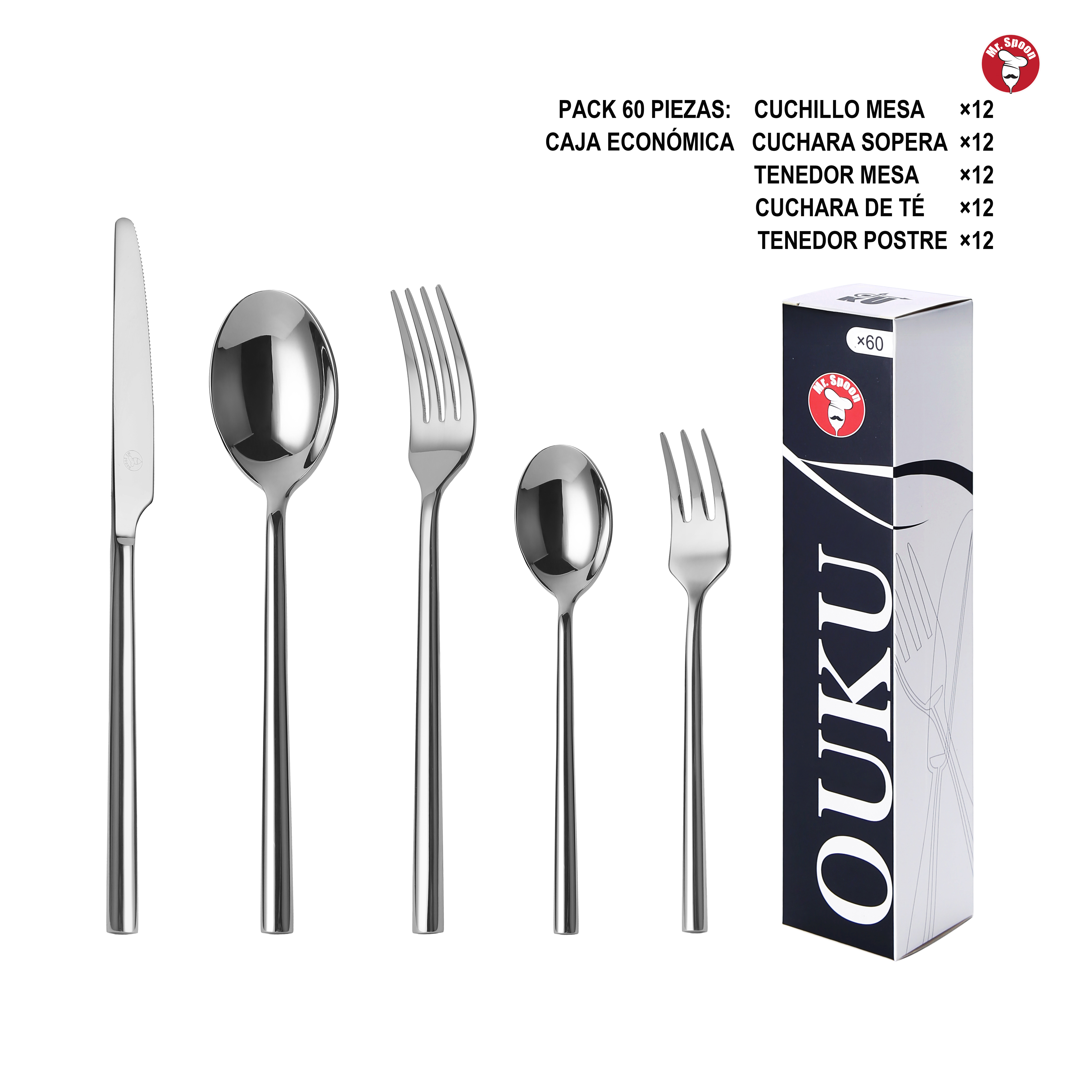 Mr. Spoon Serie Perla Juego de 60 o 72 piezas cubiertos,Acero inox 18/10,Alta calidad y acabado,Incluye cuchillo carne o mesa,tenedor,cuchara,cucharilla,etc.Diseño moderno y elegante,Apto para lavavajillas,Caja ecológica,Para Casa,Hotel,Restaurante,60501