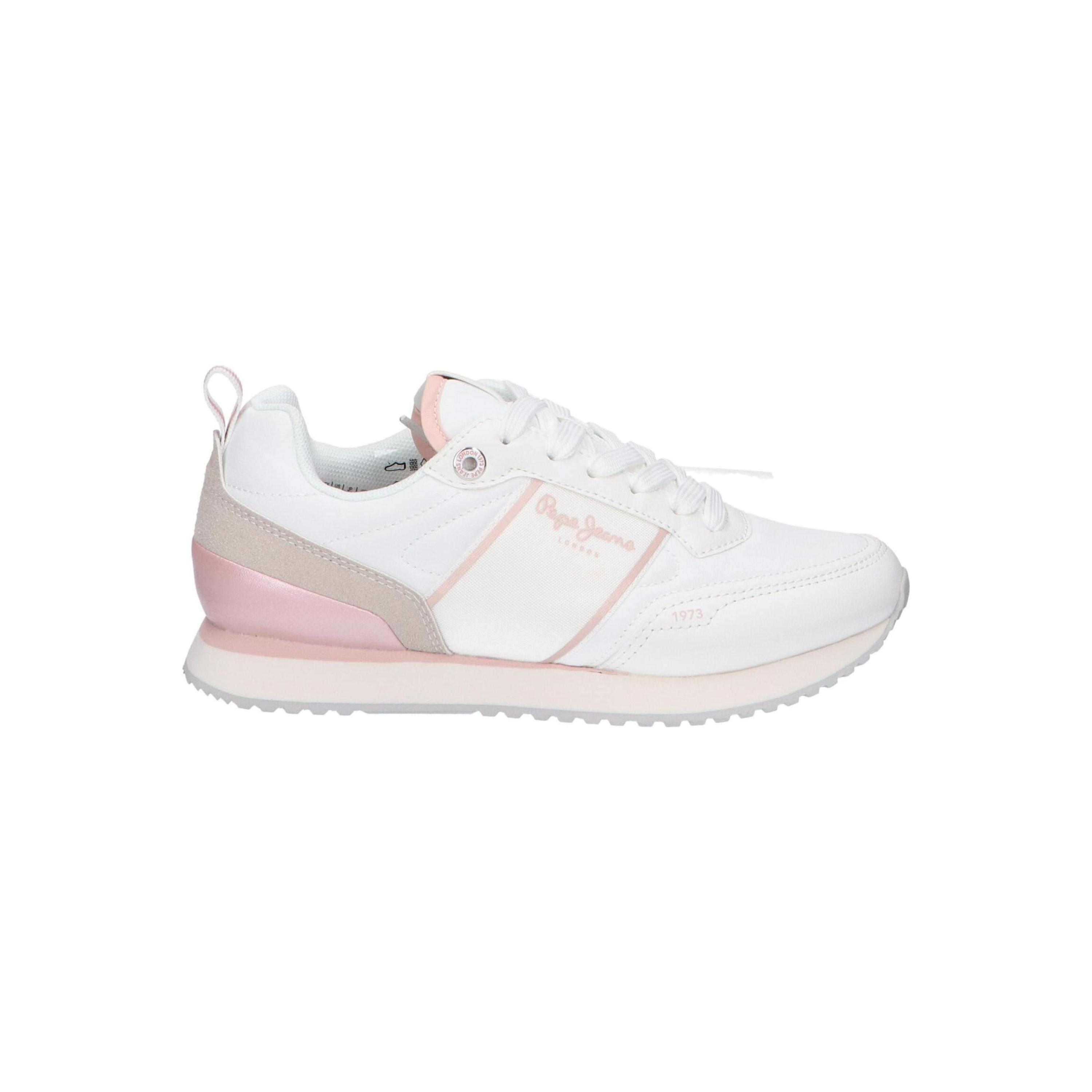 White casual sneakers by Pepe Jeans, made of canvas with a textile lining and rubber sole, lace-up closure, comfortable women's shoes for everyday wear, perfect for spring and autumn, stylish footwear for women.