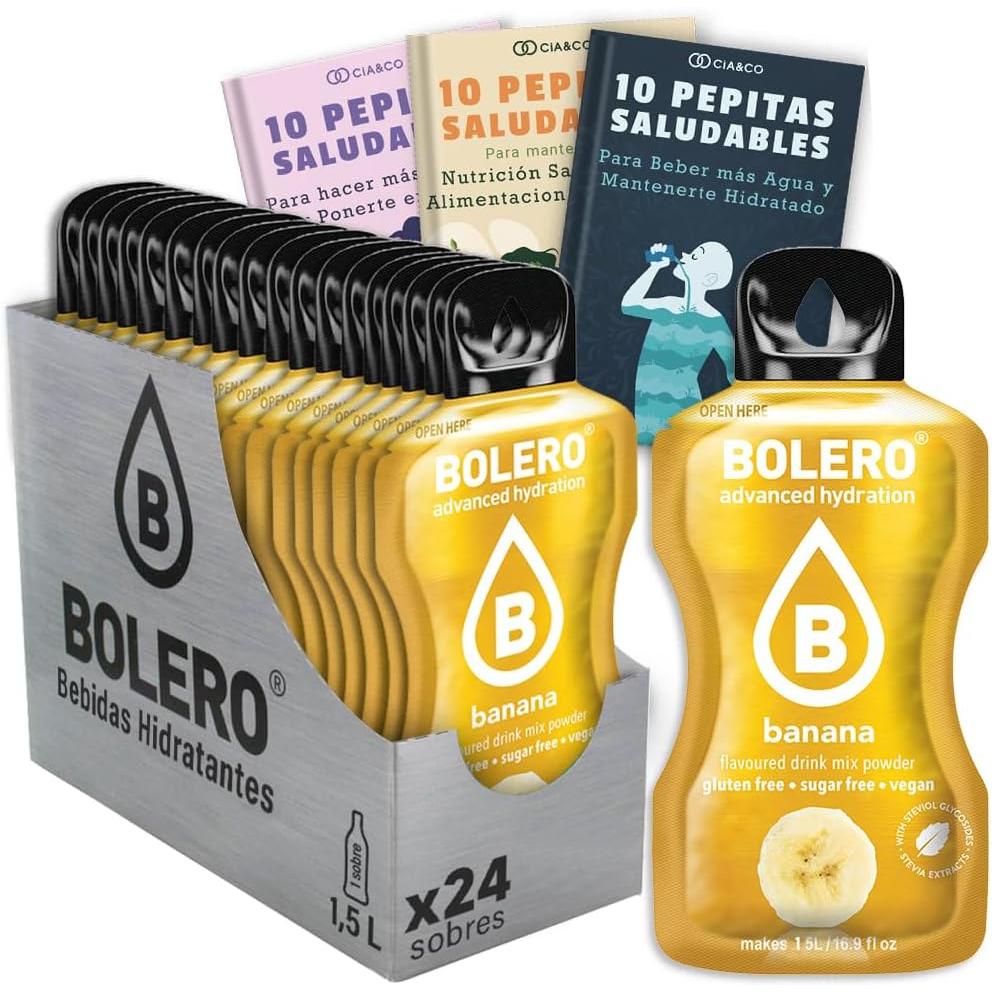 Bebida Bolero sabor Banana, Pack 24 sobres (24x9g). Bebida en polvo sin azúcar con el sabor dulce y cremoso del plátano, enriquecida con Vitamina C y Stevia.