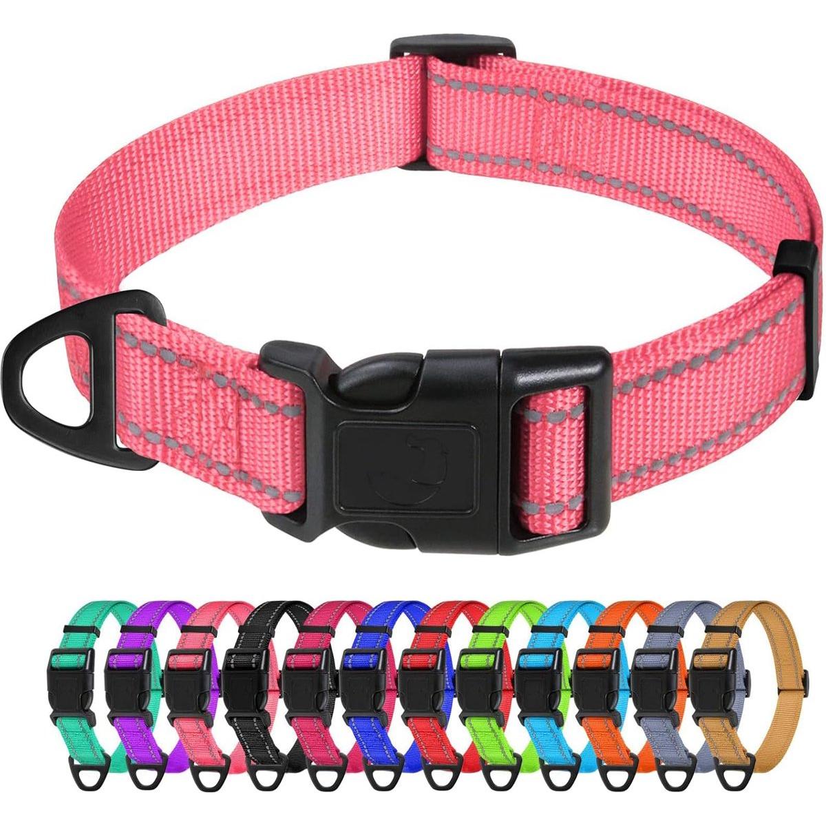 Klassieke, verstelbare reflecterende nylon hondenhalsband met een individuele lus voor eenvoudige bevestiging van hondenpenning en riem. Roze, maat L (breedte 2,5 cm, nekomtrek 40-65 cm).