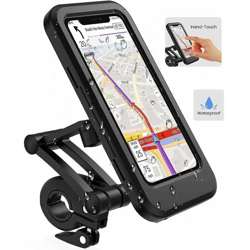 Soporte para Teléfono Celular para Bicicleta, Soporte para Smartphone Impermeable con Pantalla Táctil, Giratorio de 360°, Altura Ajustable hasta 6.7 Pulgadas, De Motocicleta a Bicicleta, Negro