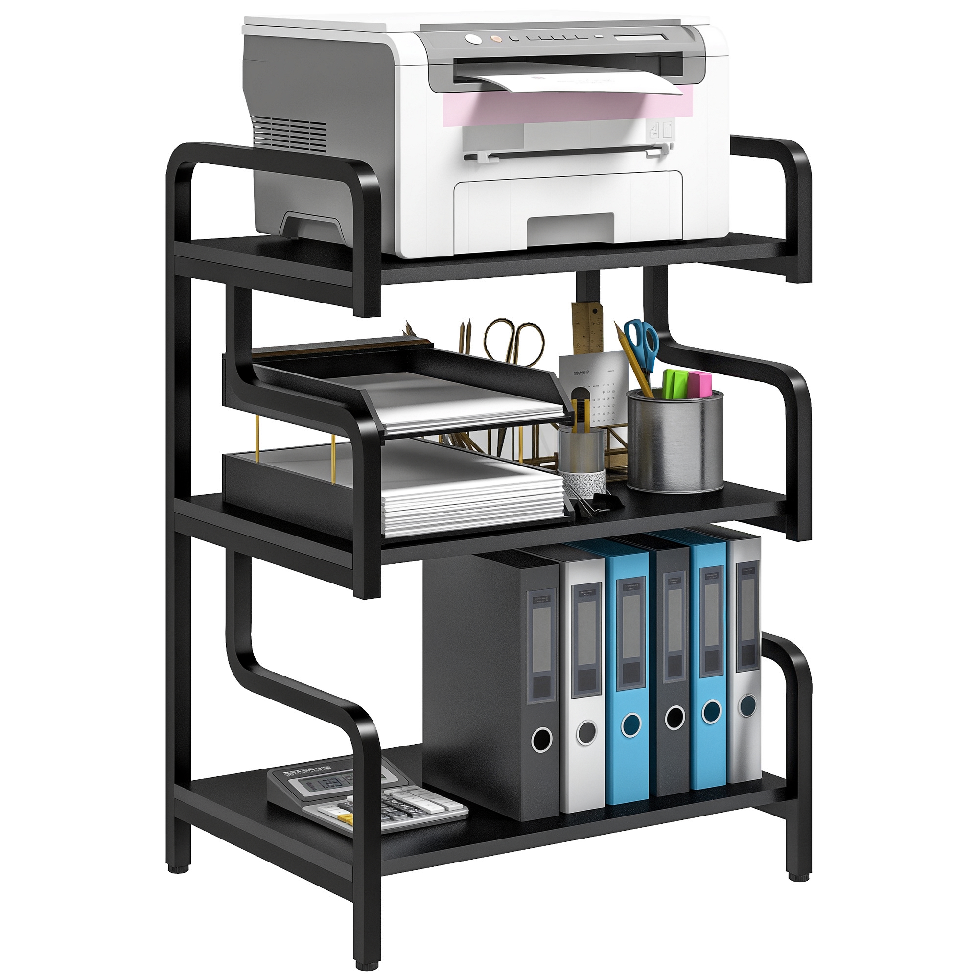 HOMCOM Soporte para Impresora de 3 Niveles, Mueble para Impresora con Marco de Acero, Estantería de Almacenamiento Multiusos para Escáner y Fax en Oficina, Casa, 55x40x77 cm