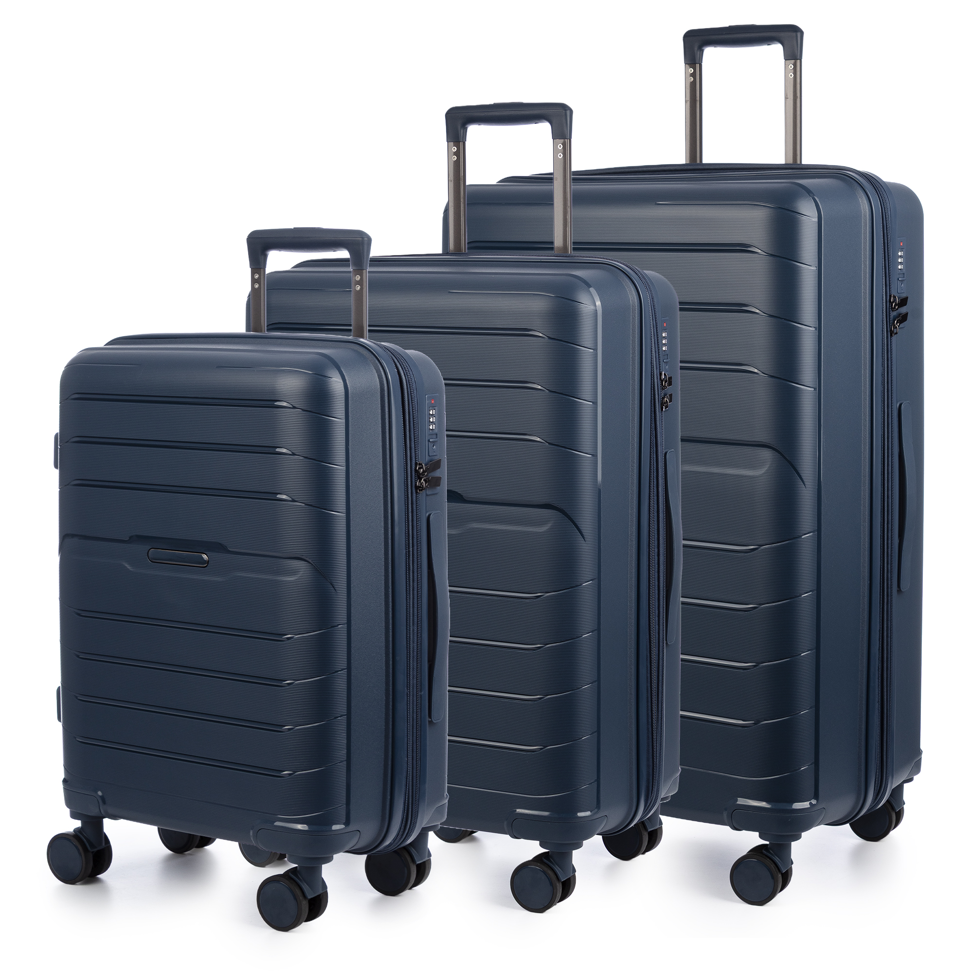 Juego de 3 maletas Trolley extensibles, en material ligero PP resistente a la rotura. Cerradura TSA numérica, 4 ruedas dobles giratorias 360°.