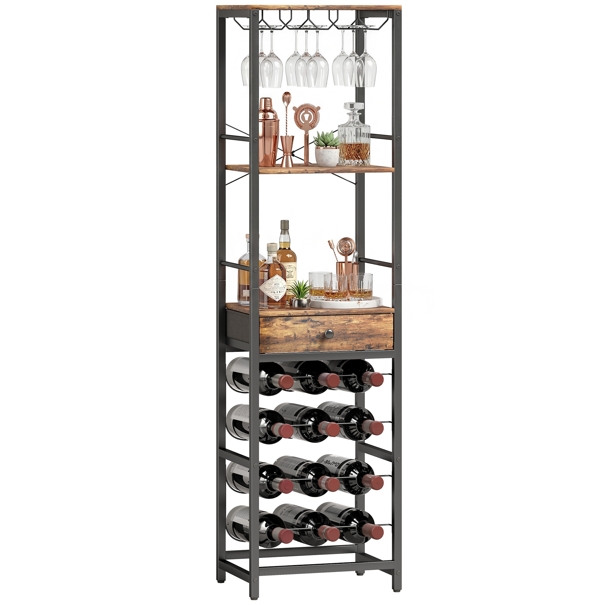 HOMCOM Mueble de Bar para Vinos con Soporte de Copas y Cajón, Botellero para 12 Botellas, con Estante Abierto, Estilo Industrial, para Cocina, Comedor, Bar, 40x30x148 cm, Marrón Rústico