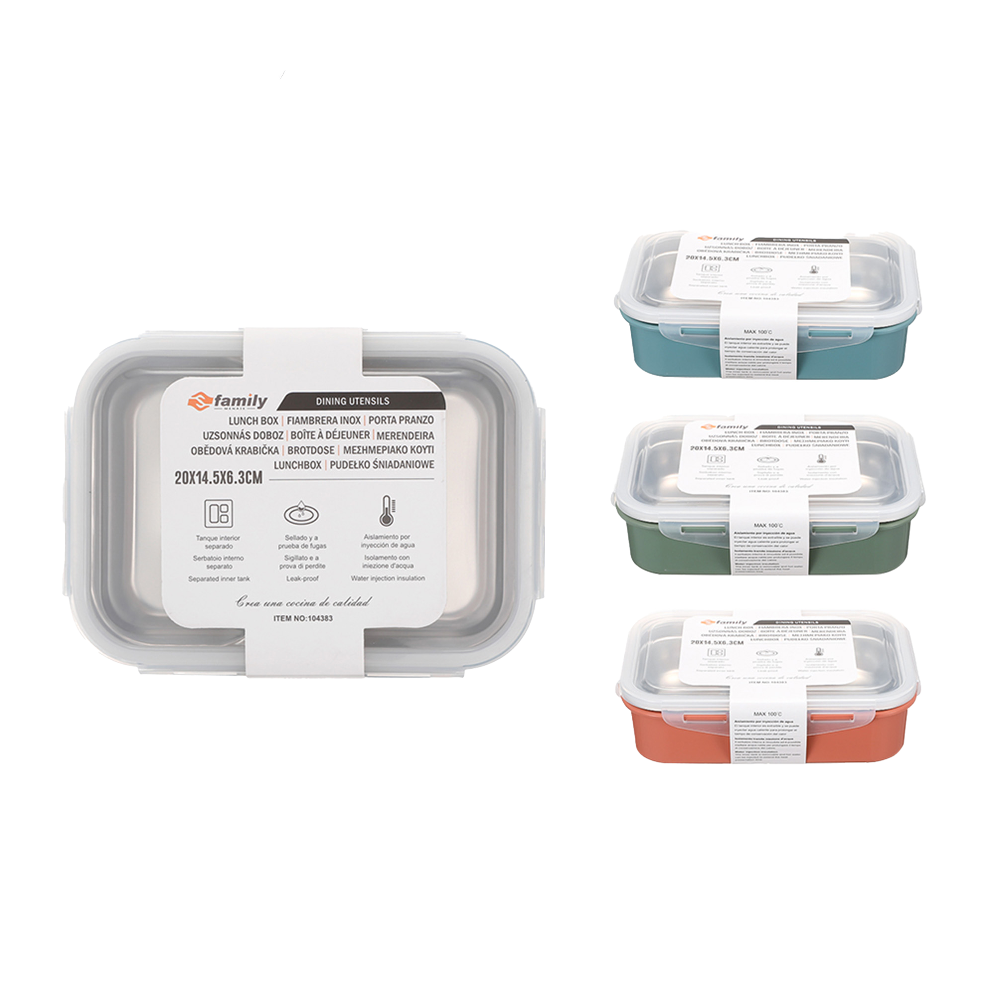 Family Fiambrera de Acero Inoxidable con Cubiertos, Fácil de Limpiar y Apta para Microondas con Tapa