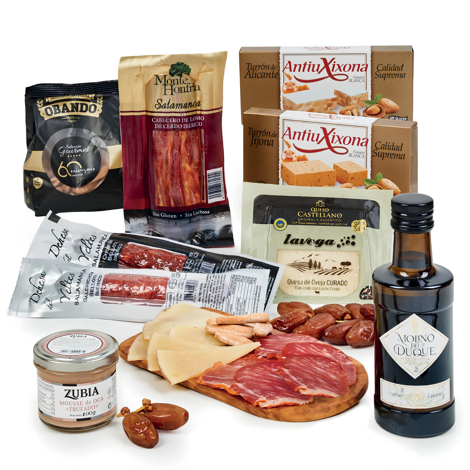 Cesta de Navidad Ibérica 221 SIN ALCOHOL - Estuche Regalo Empresa con Embutidos Ibéricos de Bellota, Lomo, Queso Oveja Curado, Turrones Antiu Xixona y Paté Trufado - Maure Gourmet