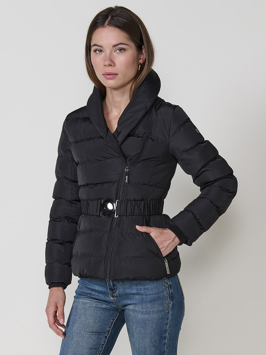 Koroshi - Chaqueta plumífero corta con doble cuello y cinturón elástico ajustable, acolchada 100% poliéster para mujer – Koroshi 2522JA58