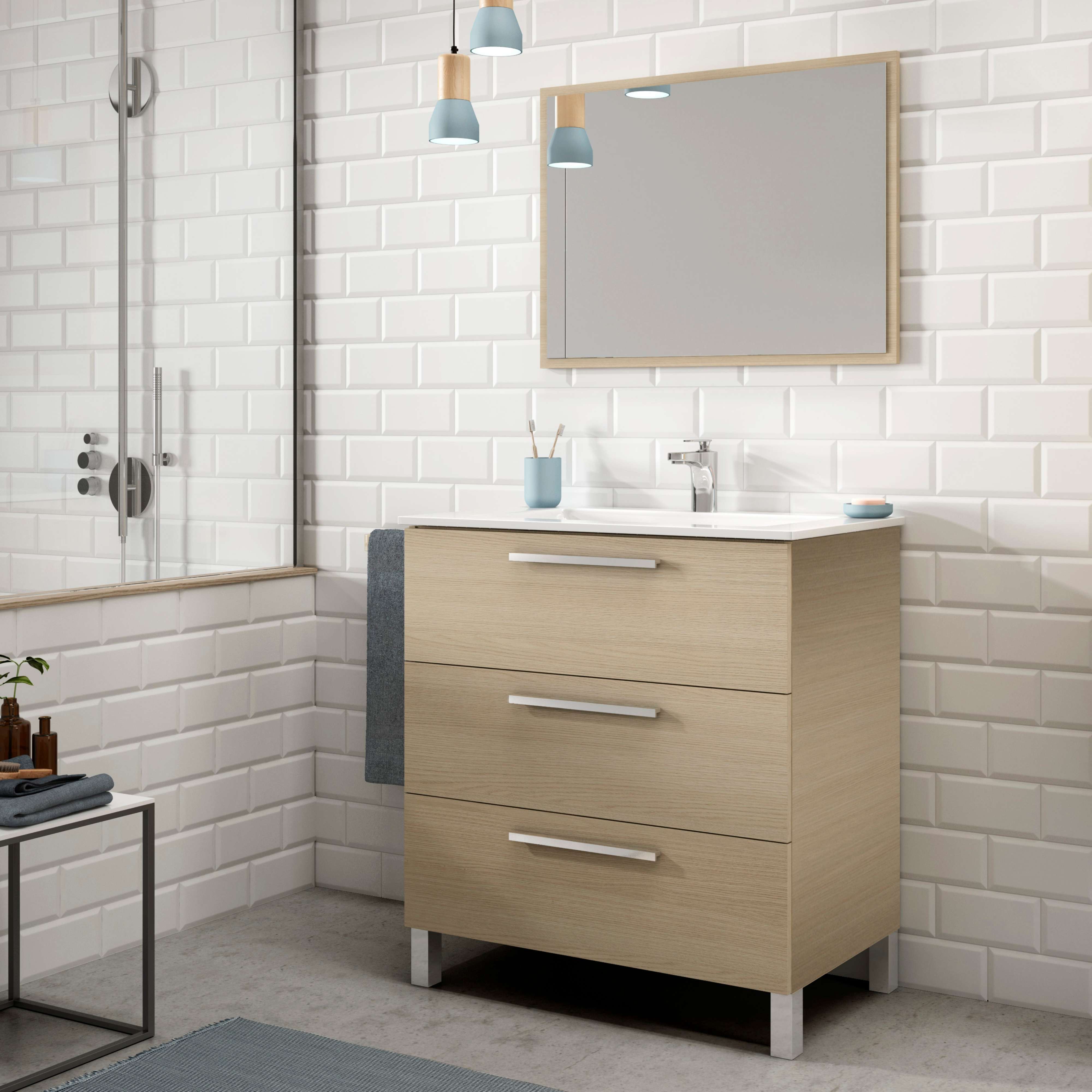 Miroytengo Mueble de Baño Taria Estilo Natural en Color Roble Claro con 3 Cajones, Patas y Espejo 80x86x45 cm (Lavabo Opcional)