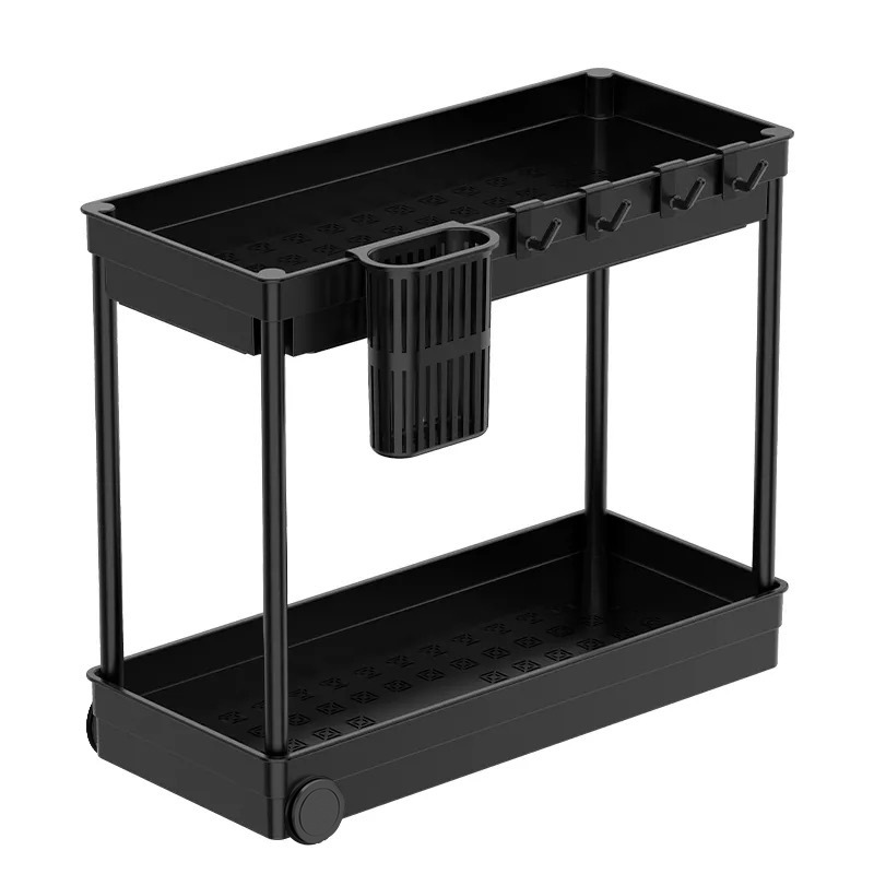 Organizador Multiusos de 2 Niveles con Ruedas Traseras, Estantería Compacta para Cocina, Baño u Oficina, Carro de Almacenaje con Ganchos Laterales y Cesta Extraíble, Diseño Estrecho y Resistente, Color Negro