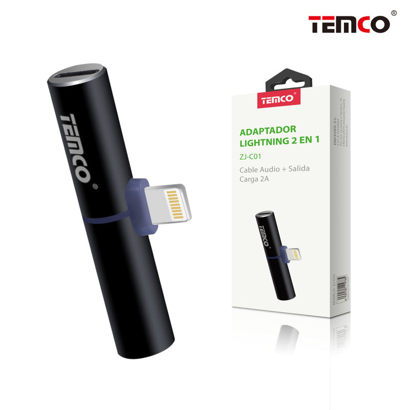 Cable Adaptador 2 en 1 Audio + Carga 2A Negro