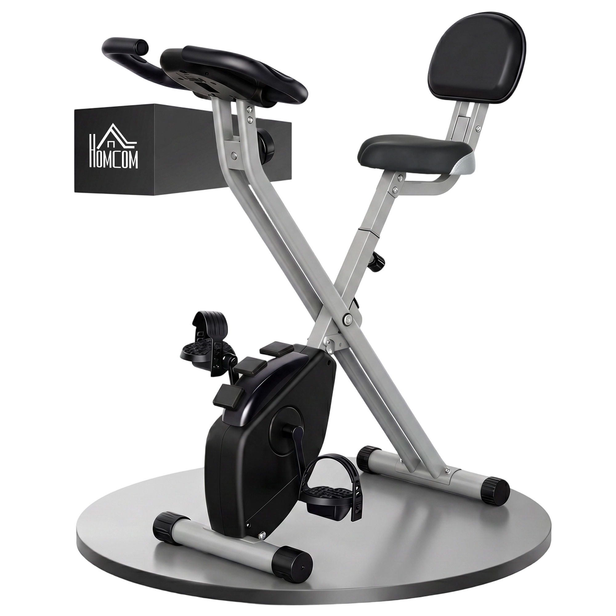 HOMCOM Bicicleta Estática Plegable con Respaldo, Bici Estática con 8 Niveles Resistencia Magnética, Volante, Pantalla LCD, Pulsómetro, Sillín Ajustable, Bandas, Carga 110 kg Compacta para Hogar Gris