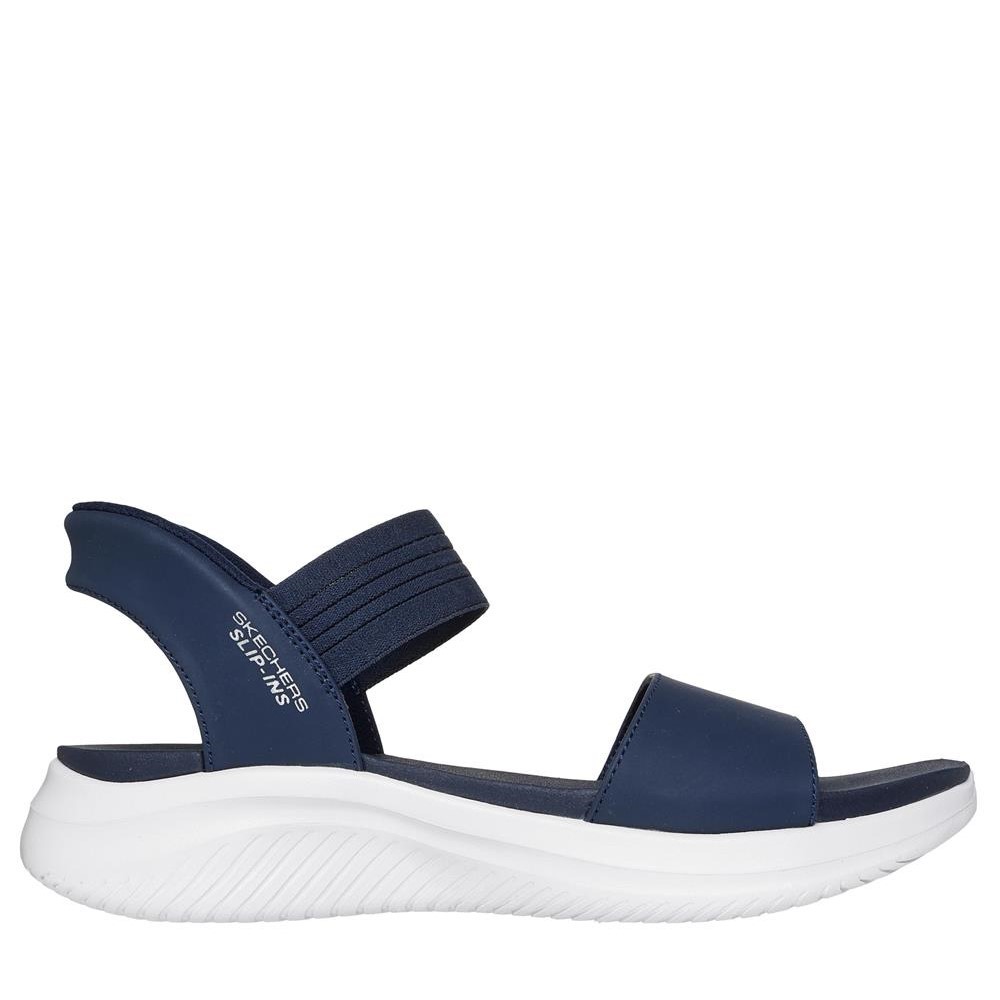 Cómoda  Sandalia de mujer Skechers SLIP-INS Ultra Flex 3.0 - Summerville en suave tejido azul. Skechers Hands Free Slip-ins® Sistema Heel Pillow para calzar sin manos Altura Tacón bajo (1-3 cm) Referencia 119804-NVY