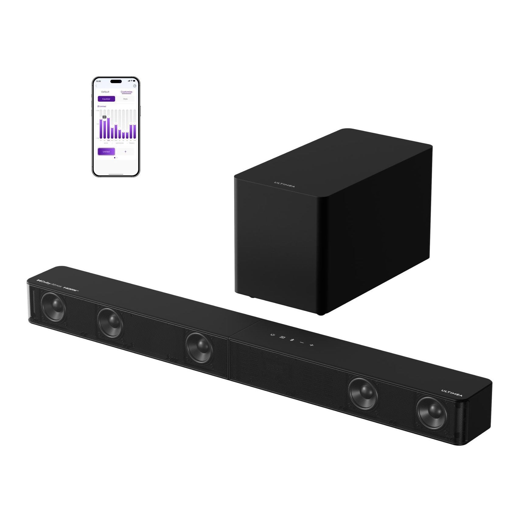 ULTIMEA Barra de sonido 5.1 canales con Dolby Atmos, barra de sonido para TV con subwoofer, sistema de sonido envolvente para cine en casa, 340 W, BassMX ajustable, App, Bluetooth 5.4, HDMI eARC, Poseidon M60 Boom