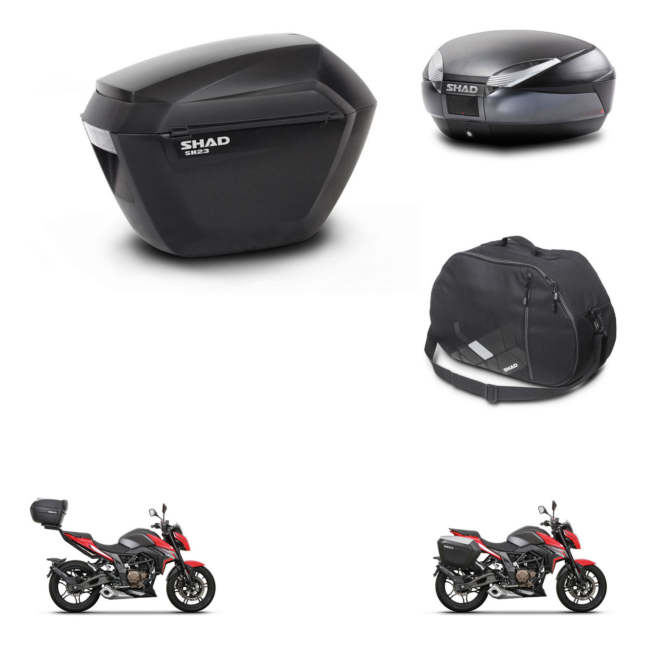 Baul Trasero + Maletas Laterales + Bolsa Interna + Herraje 3P + Herraje Montaje Sh23 Sh48 Dark Grey Premium KIT-273611
