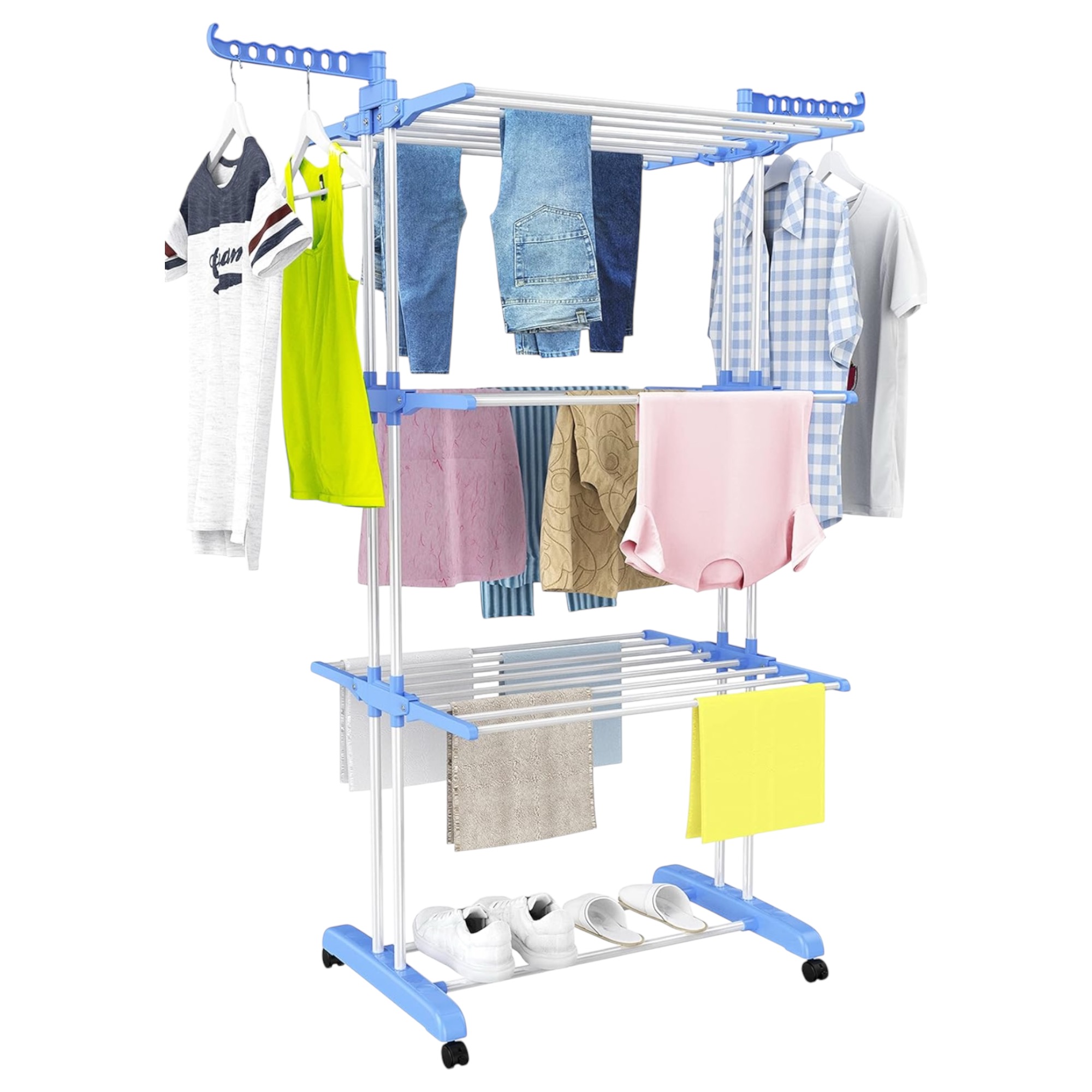 Tendedero Plegable Mikomika de Acero Inoxidable para Ropa, 4 Niveles con Alas Laterales, 6 Bandejas Retráctiles, 35 kg de Capacidad, 4 Ruedas 360° y Diseño Plegable para Ahorrar Espacio (4P-001 2590 D7)
