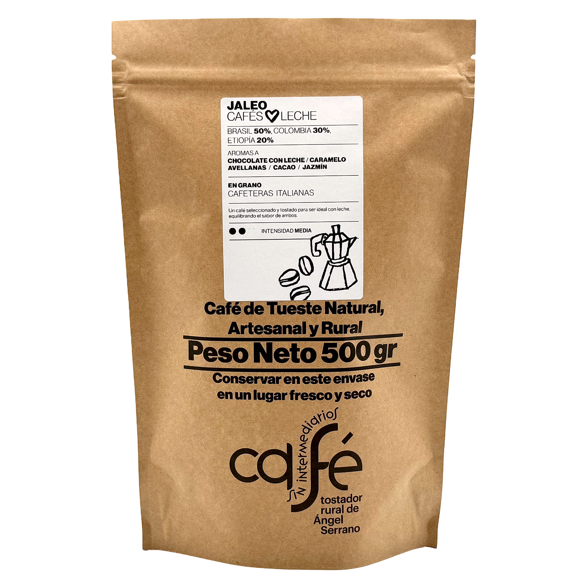CAFÉ SIN INTERMEDIARIOS - Café de Brasil, Colombia y Etiopía - Jaleo - Ideal para combinar con leche - Intensidad de sabor Media - Recién tostado y envasado - 500 g Grano o Molido (Exprés, Filtro, Italiana, Americana, Superautomática)