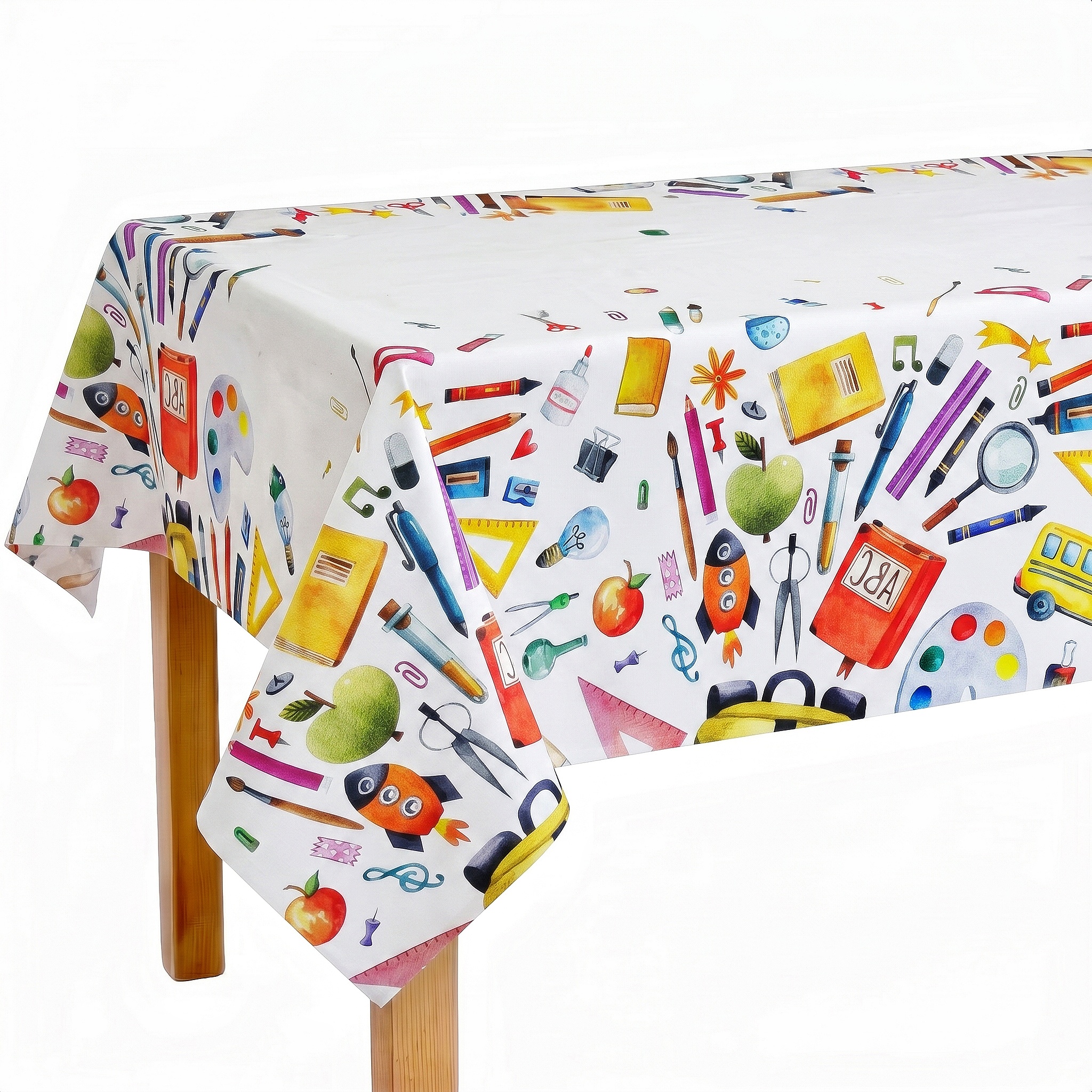 Mantel Infantil Estampado de Material Escolar, Tela con Recubrimiento de Resina, Diseño Colorido para Comedor, Escritorio y Mesa Infantil