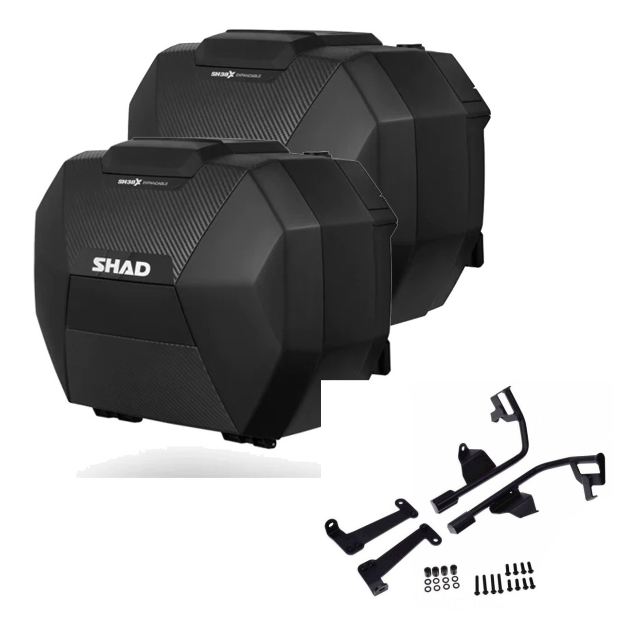 Sh38x Carbon Luggage + 3P Mounting Kit for Ducati Diavel 1200 2012-2018, motorcycle trunk made of ABS plastic, lockable case with expandable saddle for helmet storage.