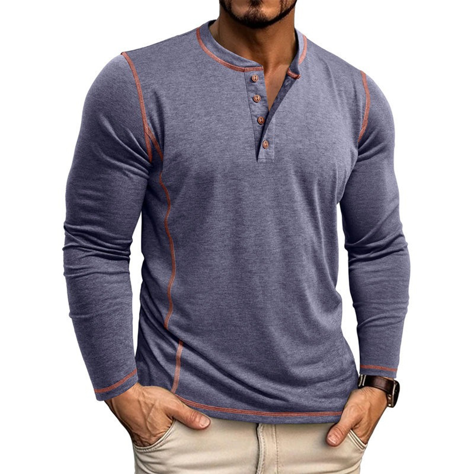 TK Camiseta De Manga Larga Para Hombre Con Cuello Henry Y Cuatro Botones Estilo Casual Para El Día Cuidado Facil Material Poliéster