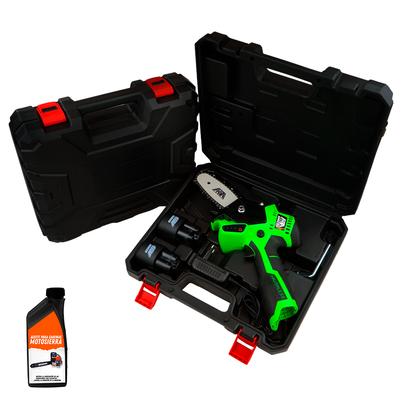 Mini Motosierra de Batería 16V Akita + 2 Batería + Cargador + Aceite AMC16 AKITA