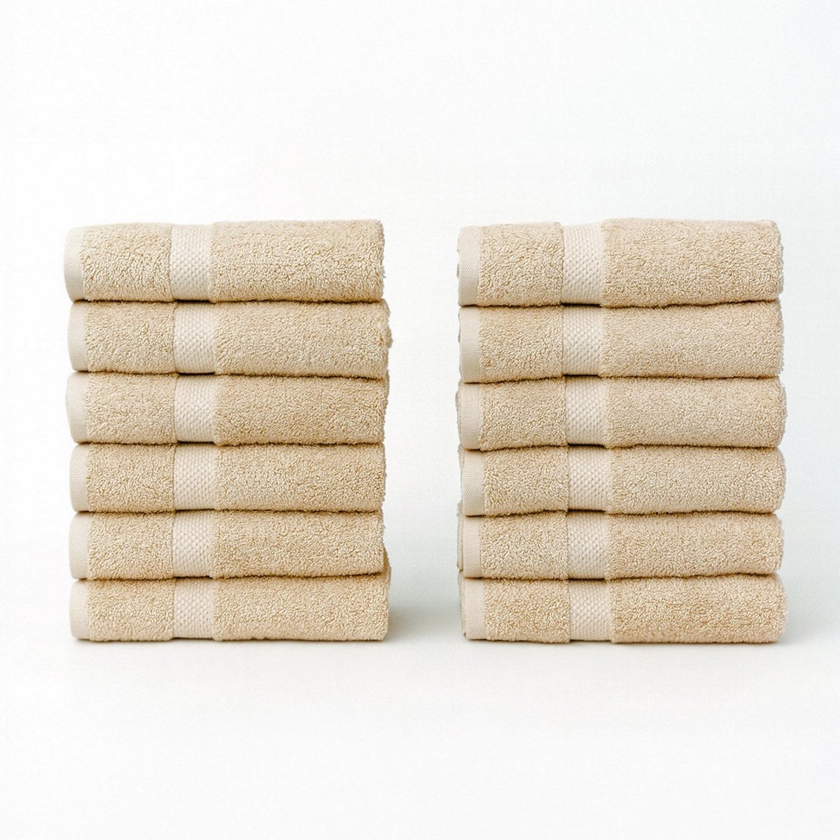 Juego de 12 toallas de mano beige 100% algodón rizo de 100x50 cm Tejido suave de 550 gramos con alta absorción. Aptas para lavadora y uso diario. CasaSelección
