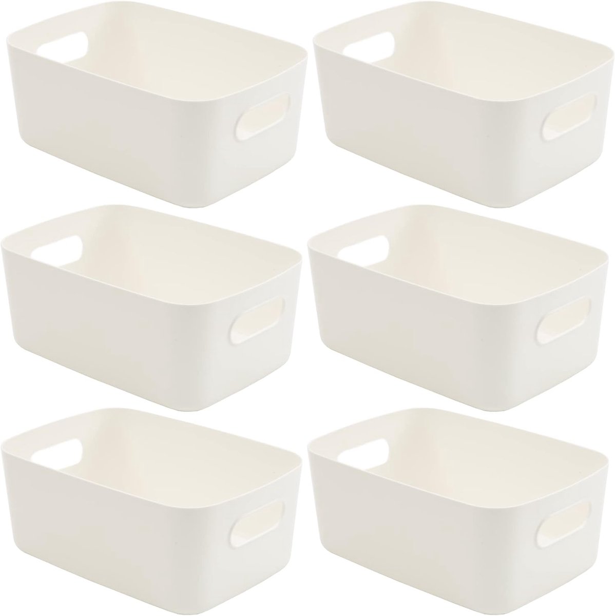 Juego de 6 cajas de almacenamiento - Cajas blancas con asas - Cestas rectangulares de plástico - Organizadores elegantes para armarios de cocina, hogar, oficina y baño - 24 x 16,4 x 10 cm