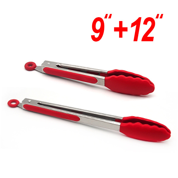 CA Juego de pinzas para alimentos de 9 y 12 pulgadas, de silicona antideslizante, con soporte triangular para pan, barbacoa, filete, pinza de resorte automática