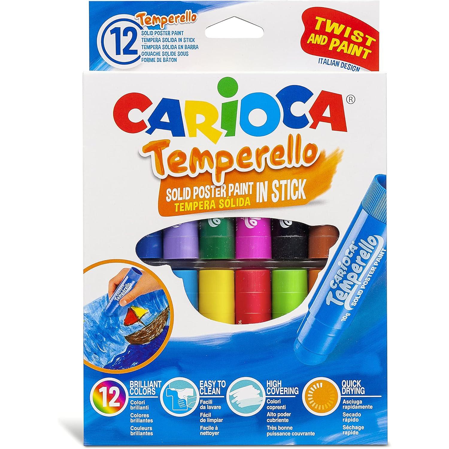 Carioca TEMPERELLO 42738 – Témperas Sólidas en Barra, 12 Colores Surtidos, Lavables y de Secado Rápido