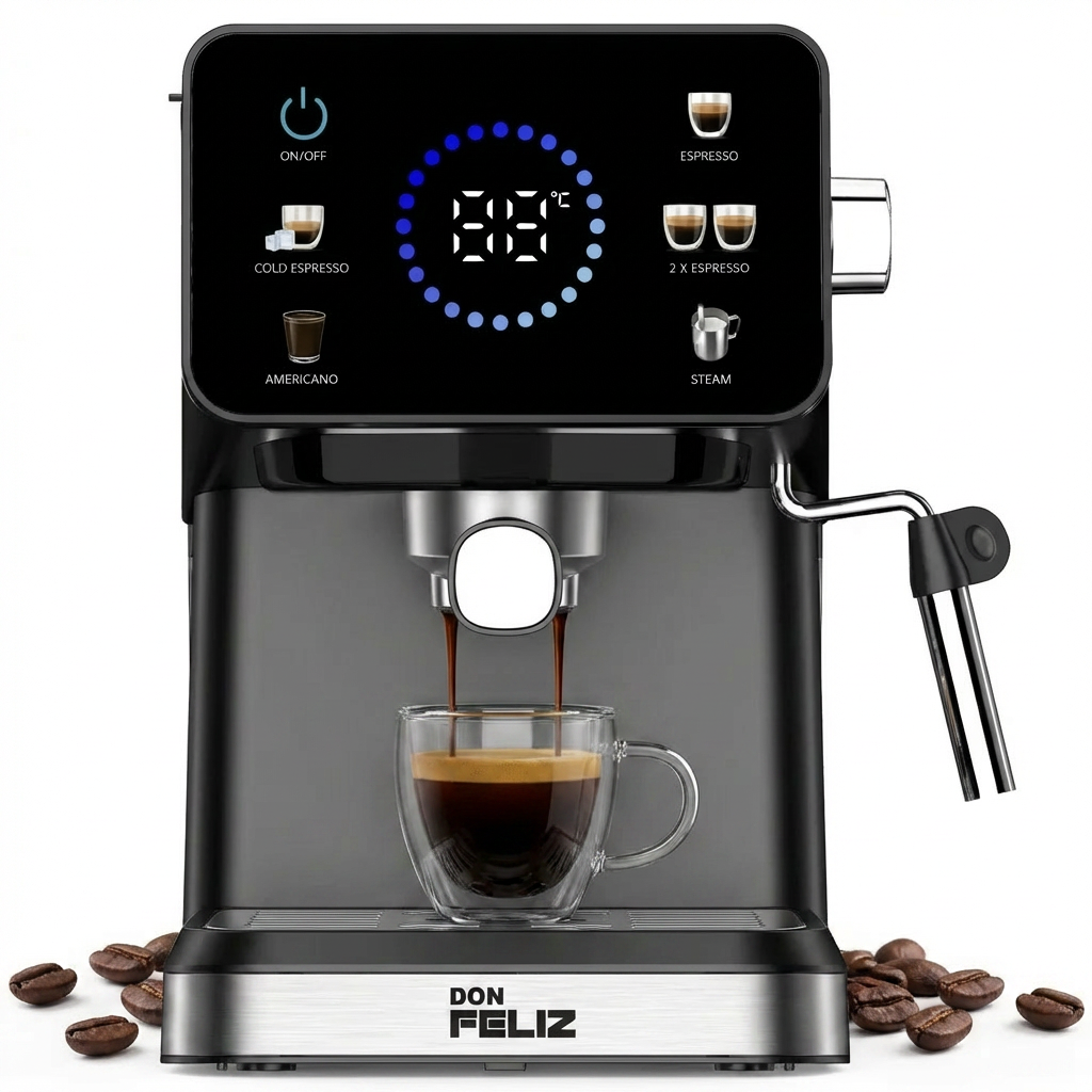 Cafetera Espresso Digital, 20 Bar 1050W, Café molido y Compatible Nespresso, Depósito 1.5L Extraíble, Pantalla LCD Color, Café Frío y Caliente, Espresso, Americano, Cappuccino, Vaporizador Acero Inoxidable, CE RoHS