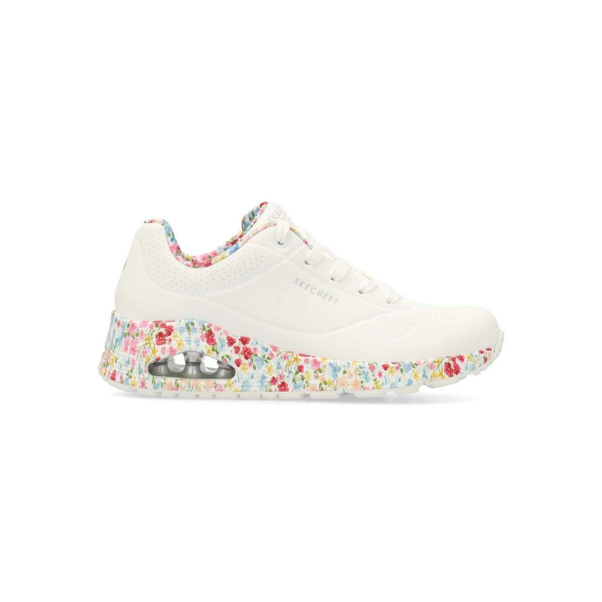 Skechers - Zapatillas deportivas Uno Majestic Garden para mujer con estampado de corazón, empeine de cuero sintético y plataforma en cuña con Air-Cooled Memory Foam®