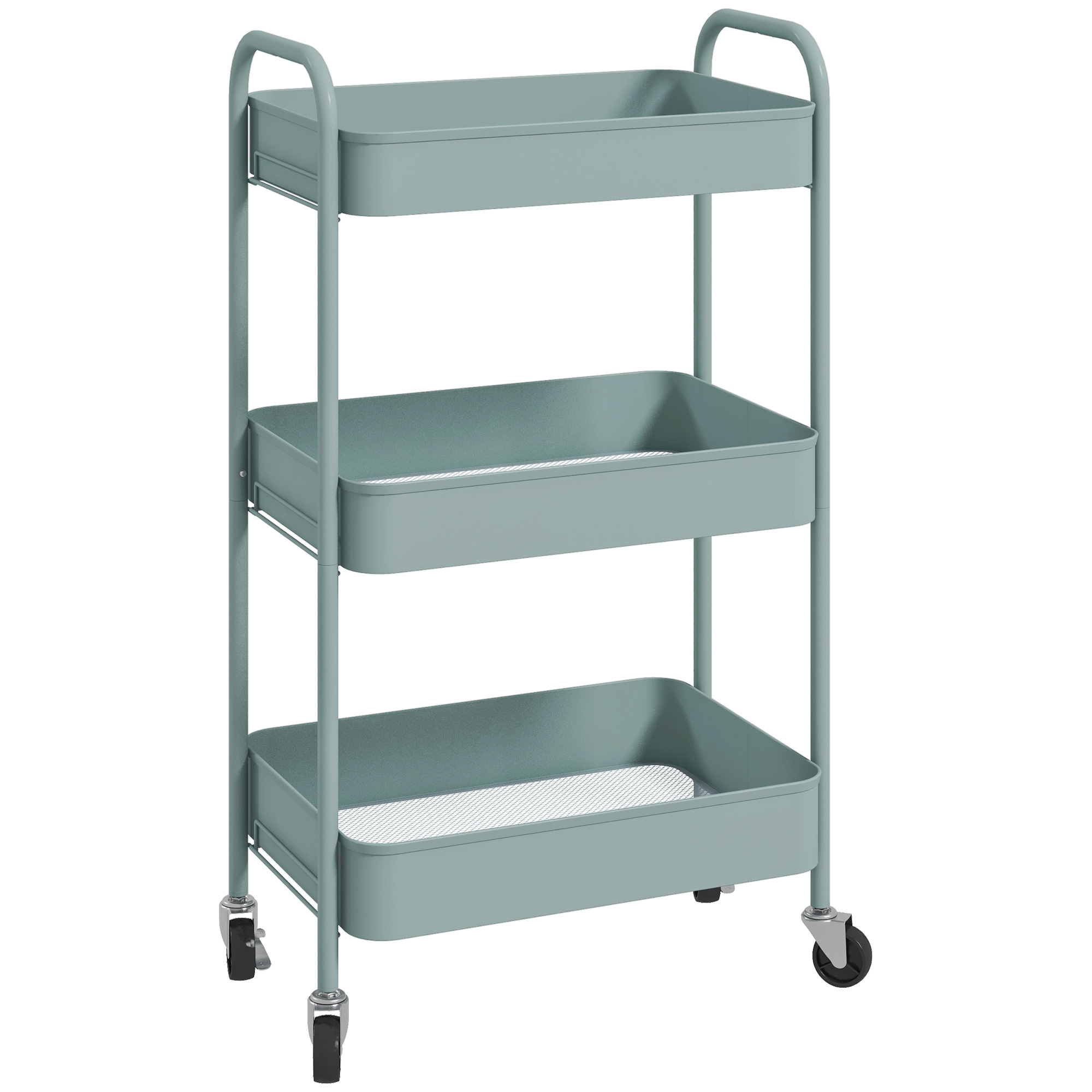 HOMCOM Carrito Auxiliar con Ruedas Carrito de Almacenamiento con 3 Cestas y Marco de Acero para Salón Dormitorio Oficina Cocina 45x30,6x79 cm Azul Claro