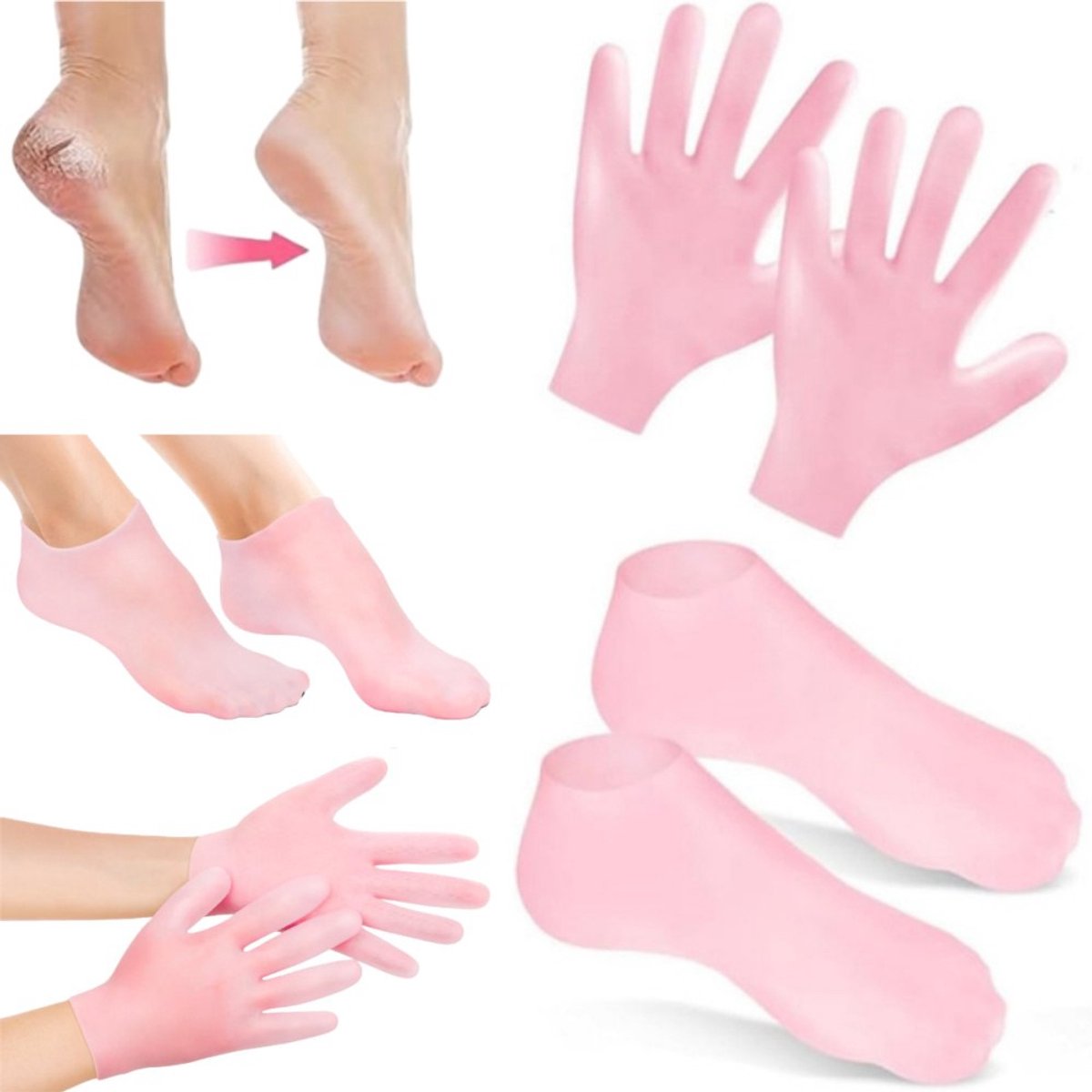 1 juego - Juego de guantes y calcetines hidratantes - Guante hidratante - Calcetines de spa de silicona para mujer - Calcetines mascarilla para pies - Calcetines para el cuidado de los pies - Hidratantes - Anti-sequedad - Reutilizables - Rosa - Adecuado p