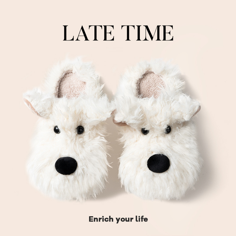 Bonitas pantuflas de algodón con diseño de perro de las Tierras Altas Occidentales para mujer, pantuflas peludas para interiores de otoño e invierno para dormitorio de estudiantes.