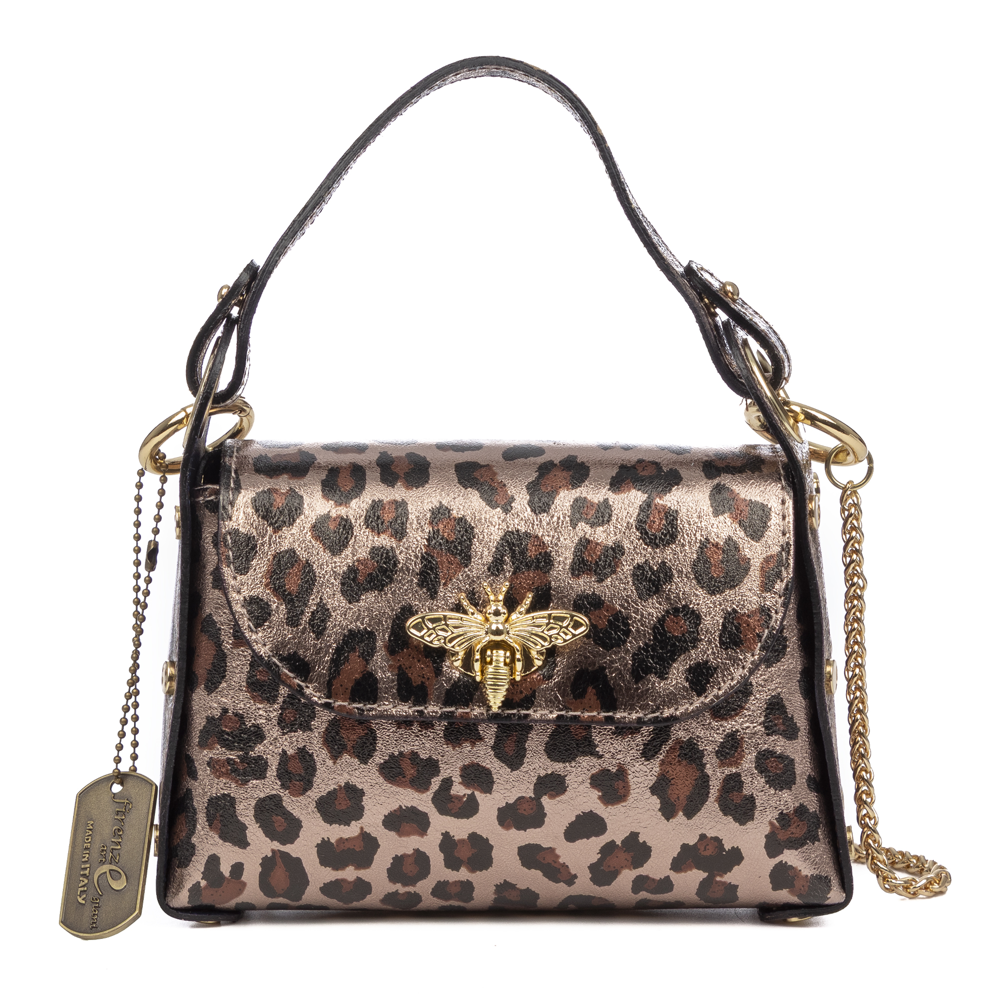 FIRENZE ARTEGIANI Aquileia bolso de mano mujer. Piel auténtica Gamuza con estampado animal print leopardo lacada brillante. Fabricado en Italia 19x7x13 Cm. Color: Leopardo