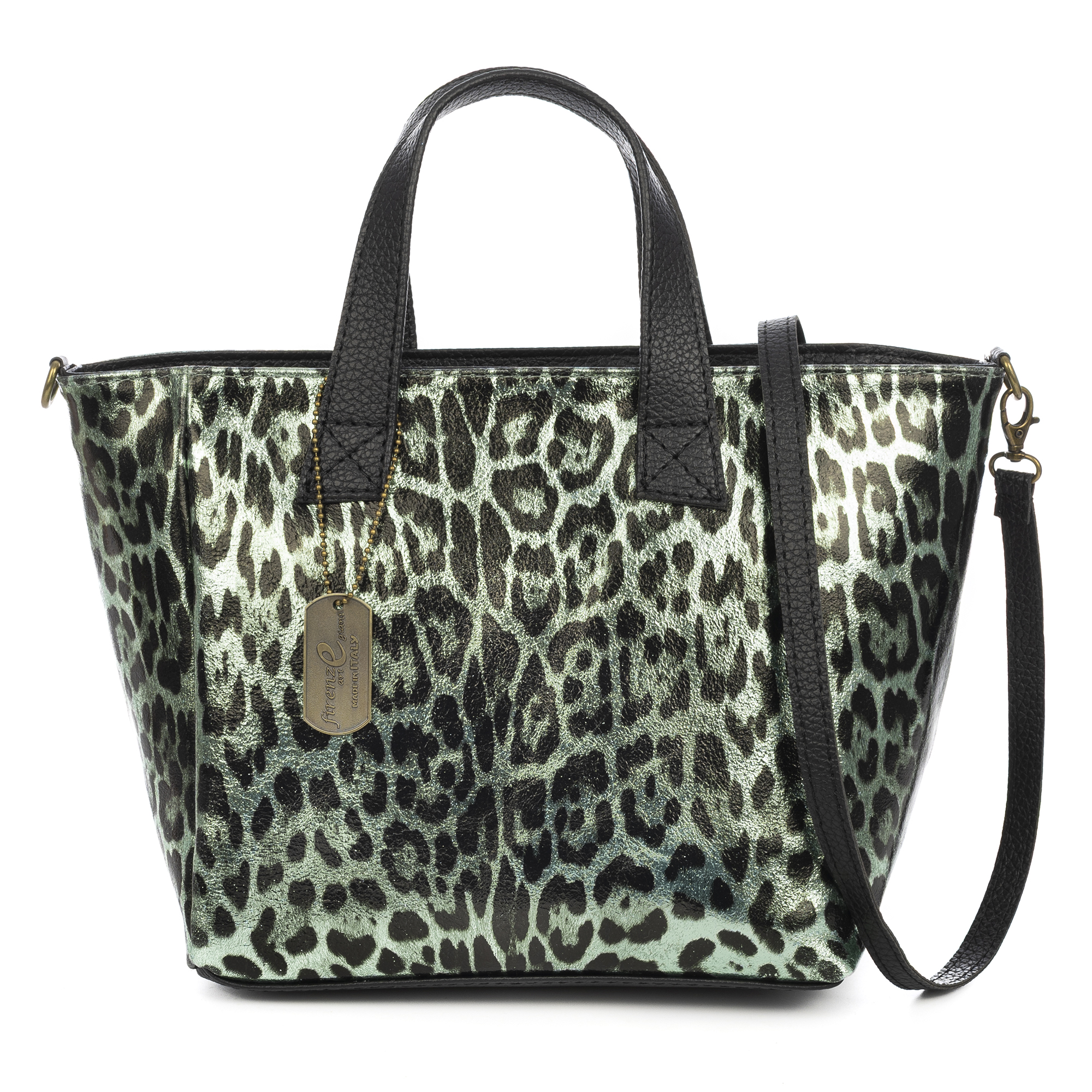 FIRENZE ARTEGIANI Cassandra bolso tote mujer. Piel auténtica Gamuza, animal print leopardo, lacado brillante. Fabricado en Italia 35x15x23 Cm. Color: Leopardo