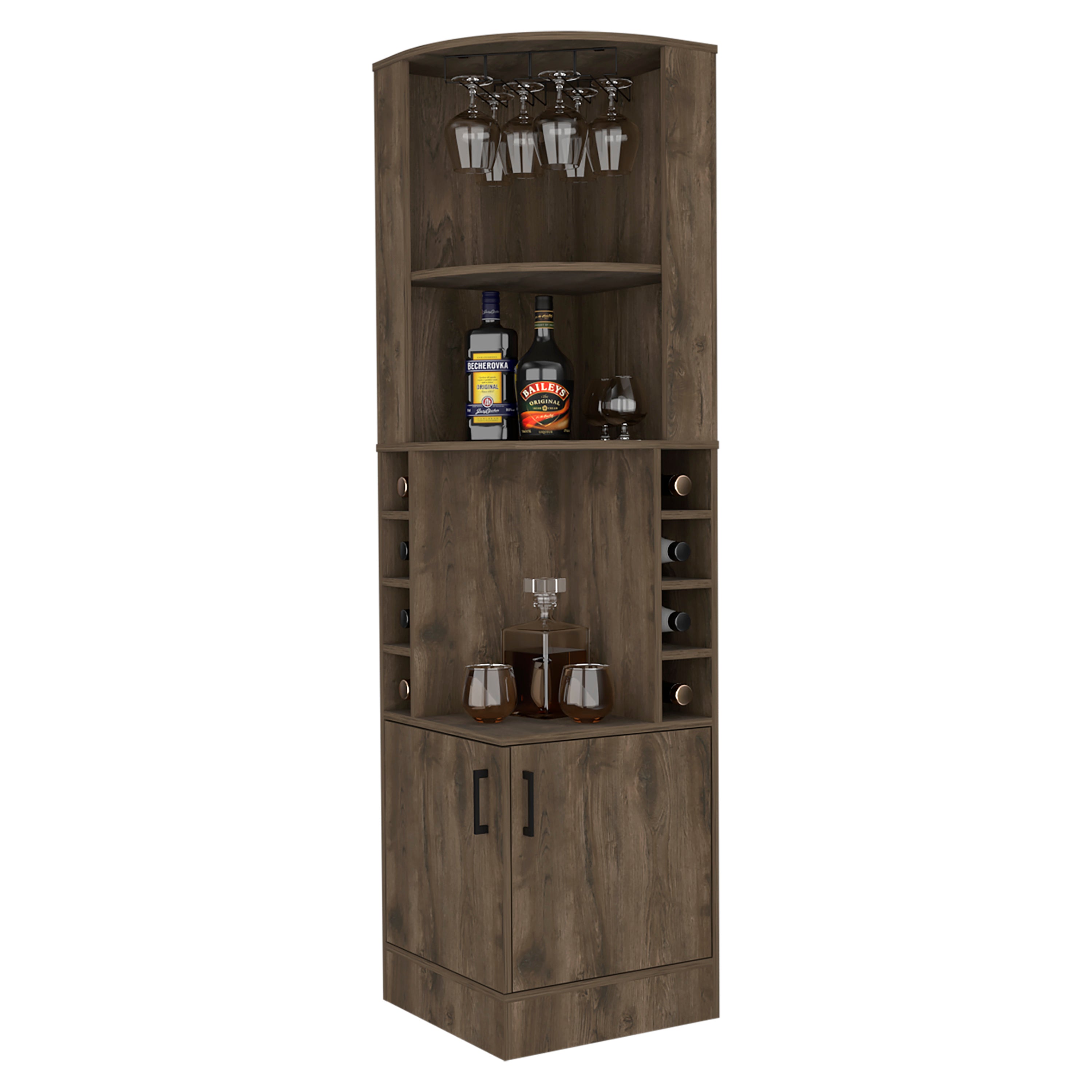 Mueble Bar Syrah en melamina con 4 estantes , 2 puertas 4 portacopas y 4 portacopas , marron , 180.6 cm X 46.9 cm X 46.9 cm