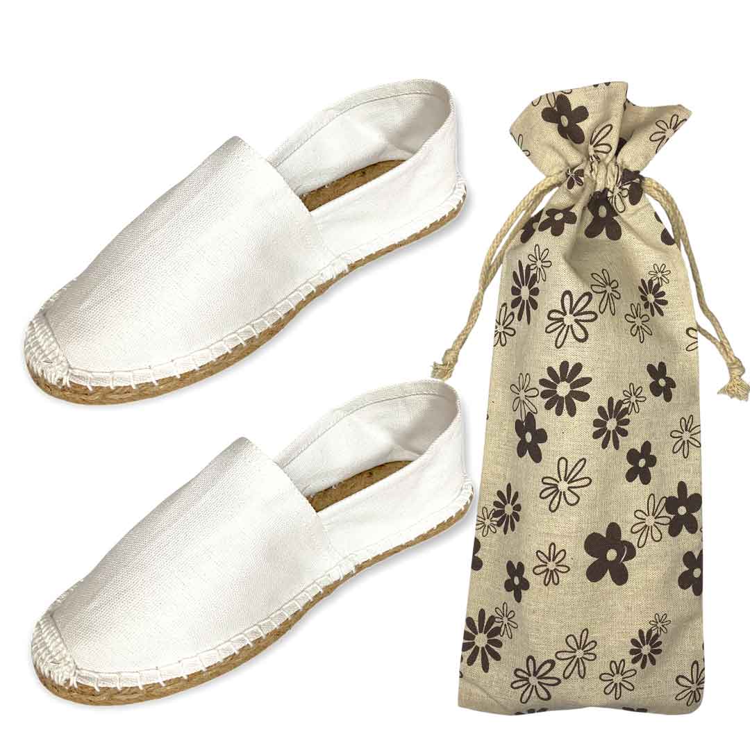 Alpargatas Mujer para boda Blancas Esparto (Regalo de Bolsa de Tela Flores) (12/24/36/48 pares) Ideales para Eventos. Cosidas a mano con suela de goma y loneta de calidad. Modelo 35008 mundiBODA.