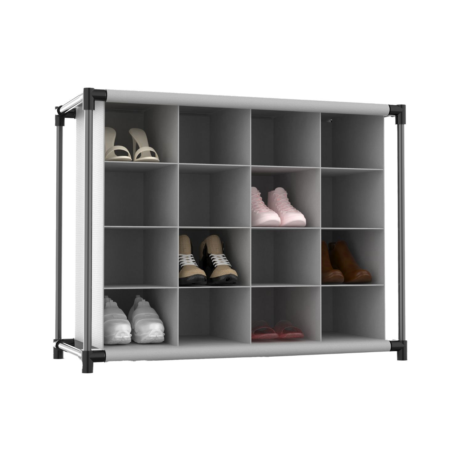 Organizador de Zapatos con 4 Baldas y 16 Compartimentos Negro/Gris 87,3x36,5x64,4cm 7house