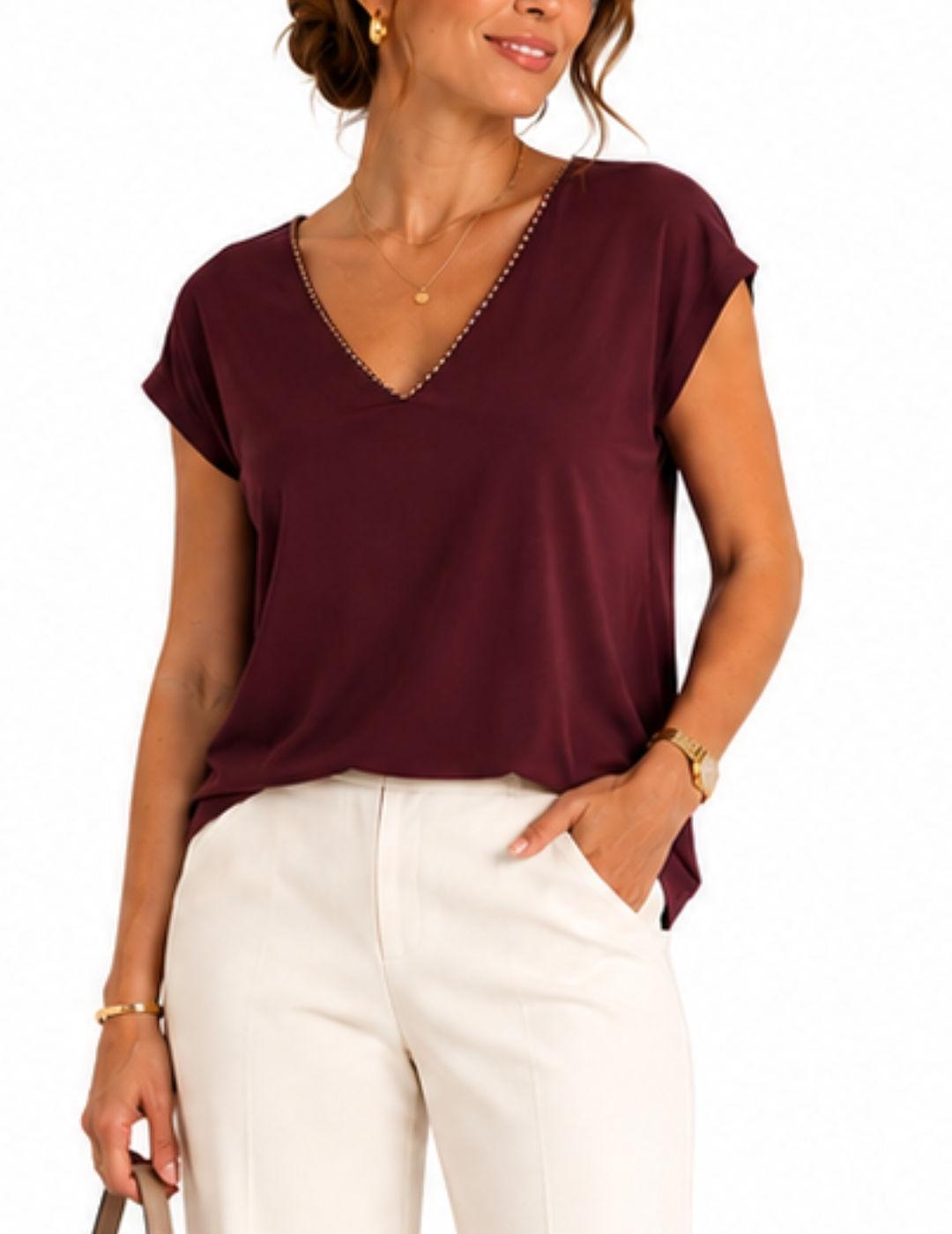 Camiseta Vila Modala burdeos glitter manga corta para mujer