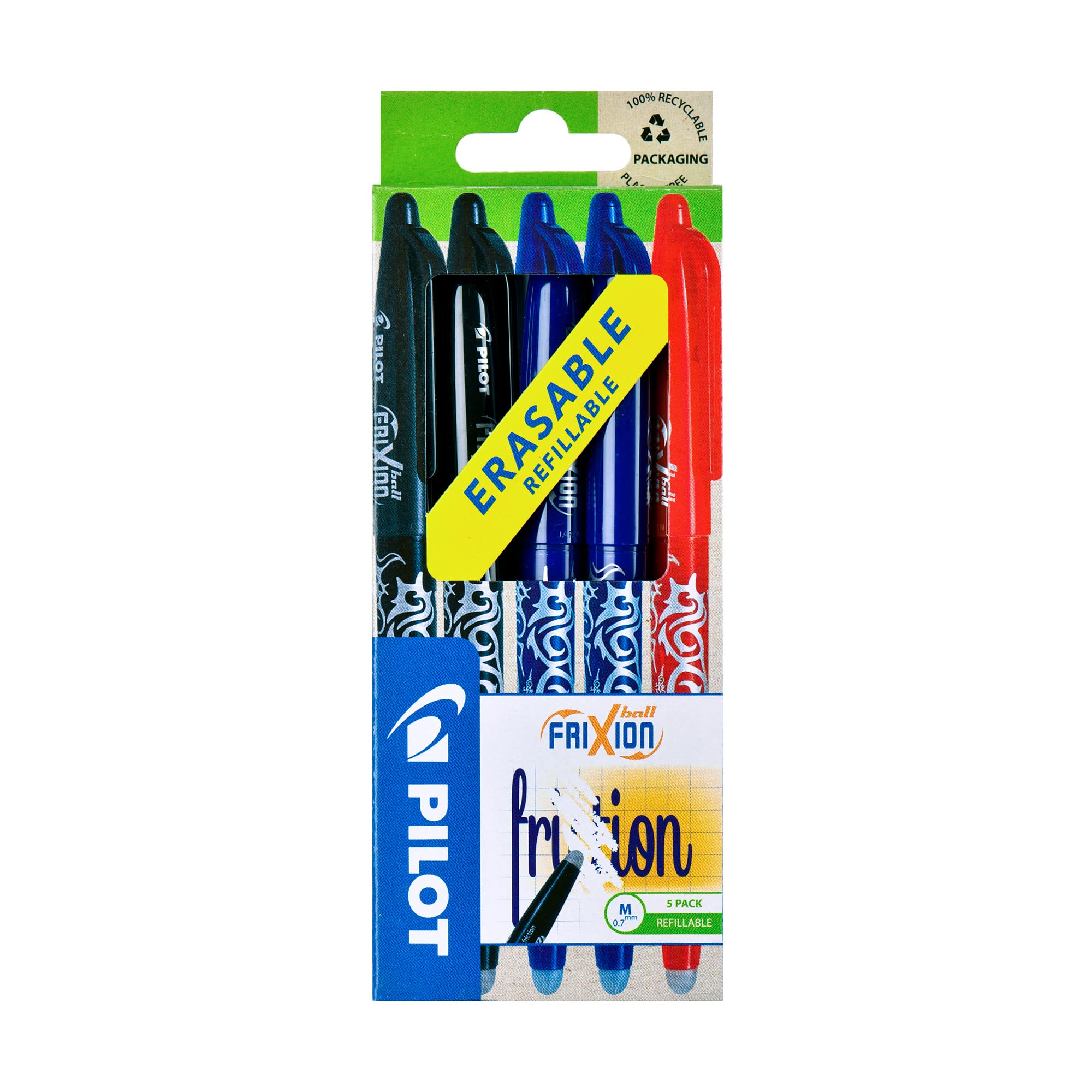 Pilot Frixion - Juego de bolígrafos roller de tinta borrable (0.7 mm, 2 negros, 2 azules y 1 rojo)