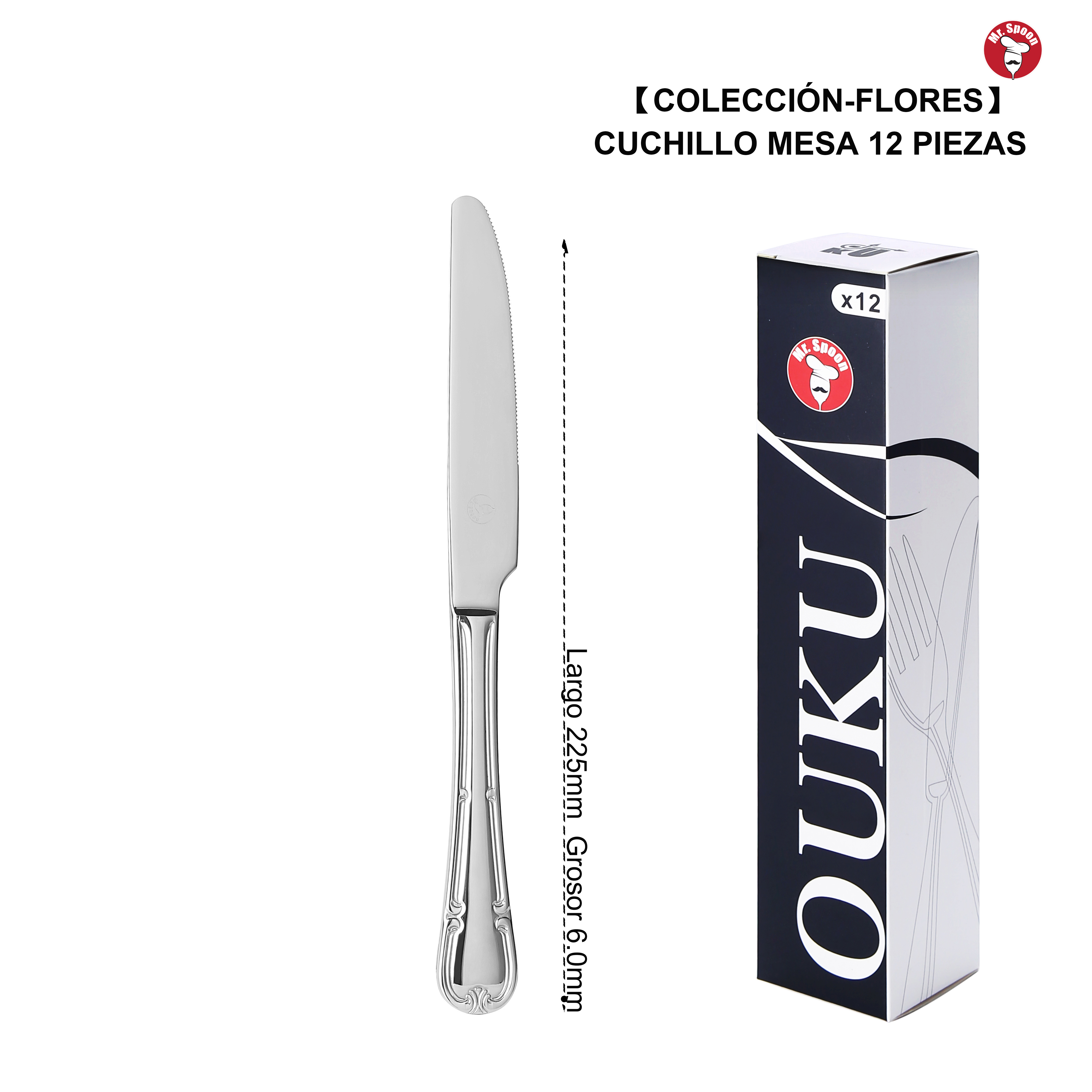 Mr.Spoon Serie Flores Cuchillos 12, 48 o 120 piezas,Acero inox 13/0,Plateado,Económico y funcional,Cuchillo de carne y mesa largo 225mm,cuchillo de fruta 195mm,Mango monobloque,Apto para lavavajillas,Empaque ecológico,Ideal para casa,hotel,restaurante